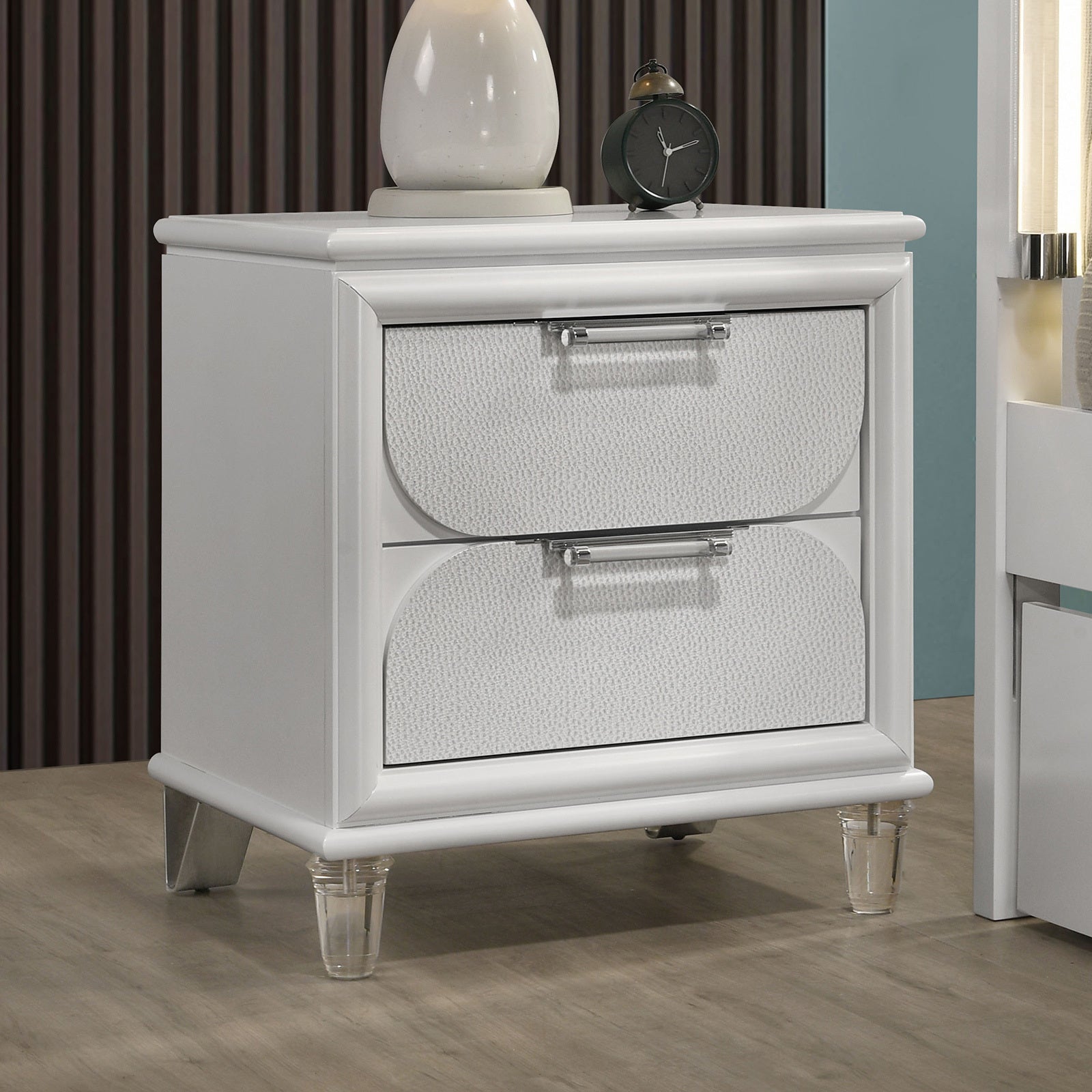 Contemporary Pearl White 1pc Nightstand Acrylic Handles Embossed Panels English Dovetails 2-Drawers Bedside Table
