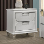 Contemporary Pearl White 1pc Nightstand Acrylic Handles Embossed Panels English Dovetails 2-Drawers Bedside Table