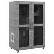 PawHut Luxury Cat House with Wheels,  Kitty Cage Catio Villa for Indoor Cats with Scratching Posts, Condo, Flap Door, Cushion, Gray, 31.5' x 20' x 48.5'