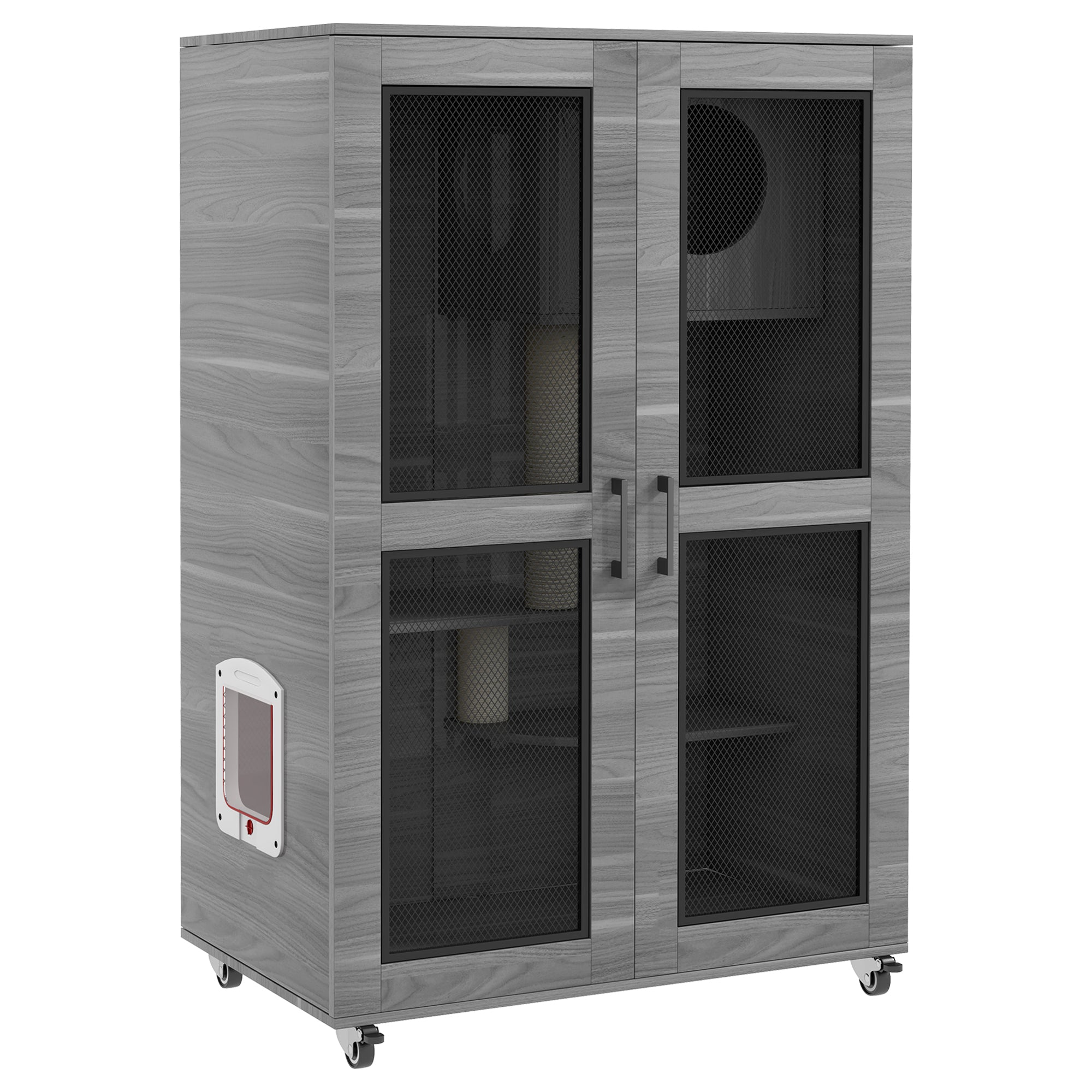 PawHut Luxury Cat House with Wheels,  Kitty Cage Catio Villa for Indoor Cats with Scratching Posts, Condo, Flap Door, Cushion, Gray, 31.5' x 20' x 48.5'