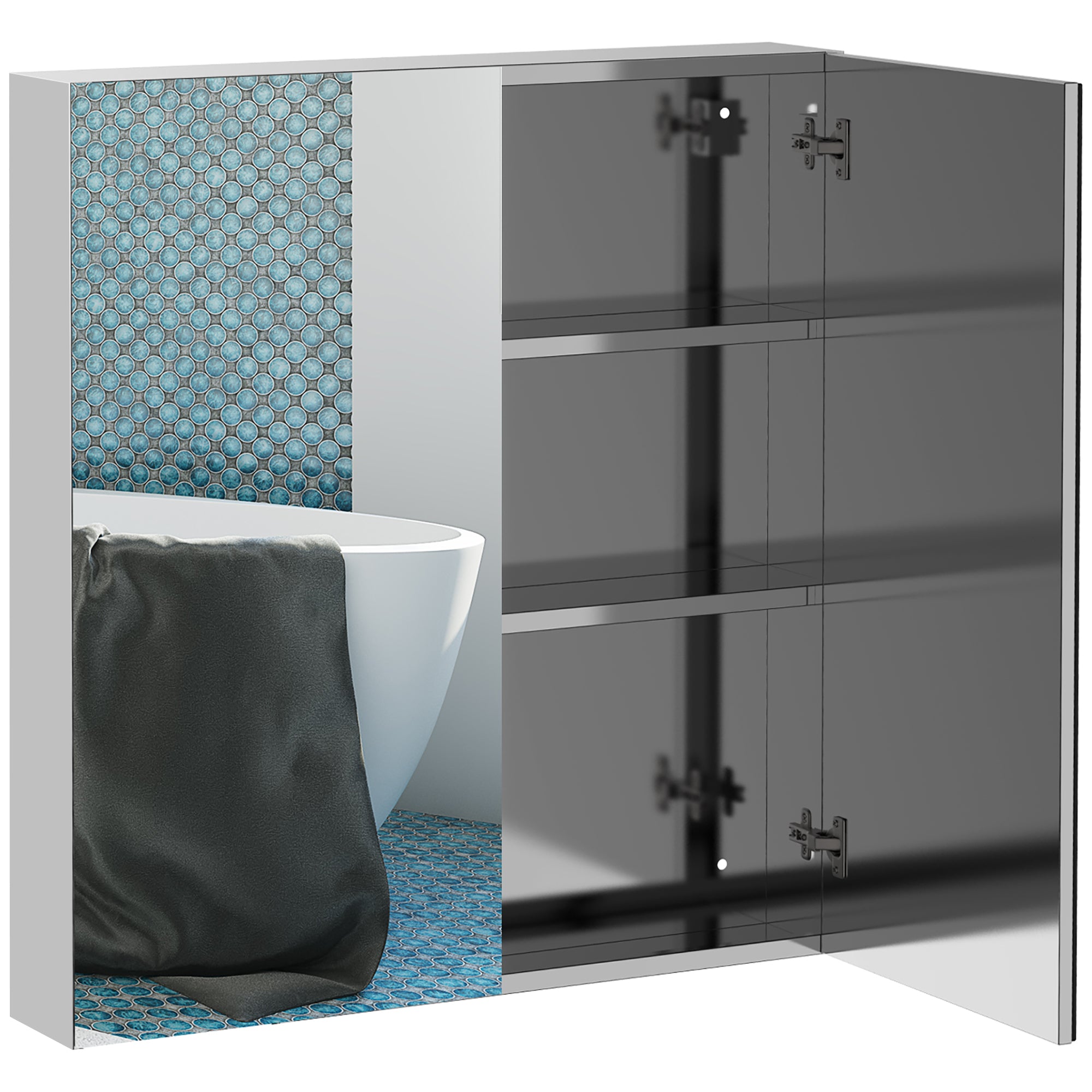 kleankin Bathroom Mirrored Cabinet, 24'x26' Stainless Steel Frame Medicine Cabinet, Wall-Mounted Storage Organizer with Double Doors, Silver