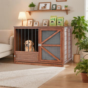 43' Solid Wood Dog Crate Furniture, Foldable Indoor Kennel with 360° Rotating Feeder Multi-Functional End Table for Small & Medium Dogs, Portable Pet Cage with Removable Tray & Easy Assembly
