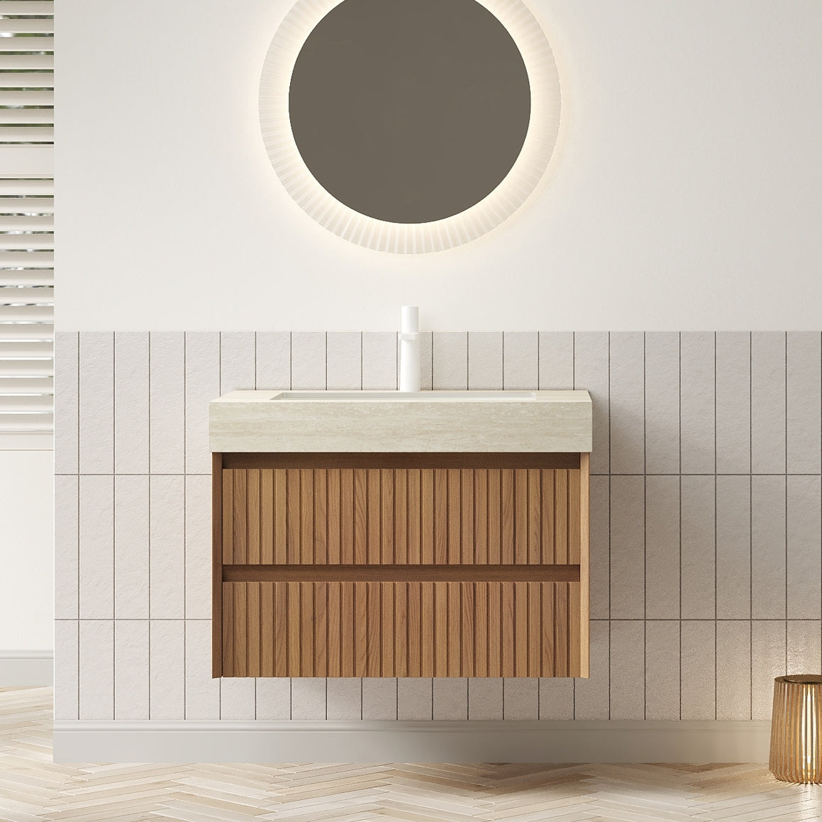 TILLEY 30' Bathroom Vanity&Sink, Floating Striped Plywood Storage Cabinet with 2 Drawers, Travertine-Pattern Sintered Stone Top with Ceramic Undermount Basin, Pre-assembled, Brown Oak Woodgrain Color