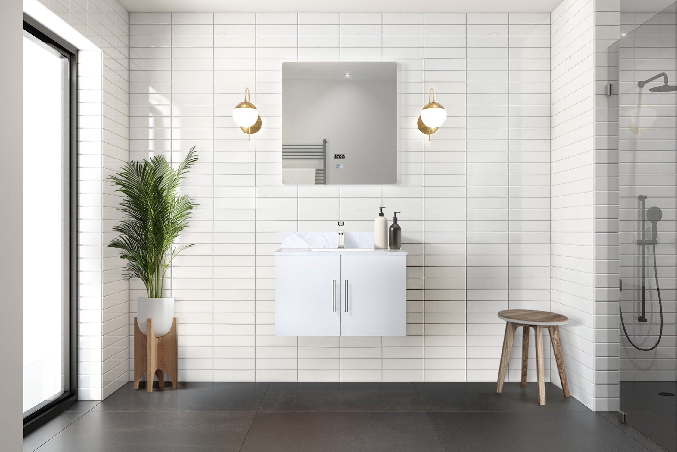 Glossy White Bath Vanity 30 in. W x 22 in. D, Carrara Marble Top, and Faucet Set