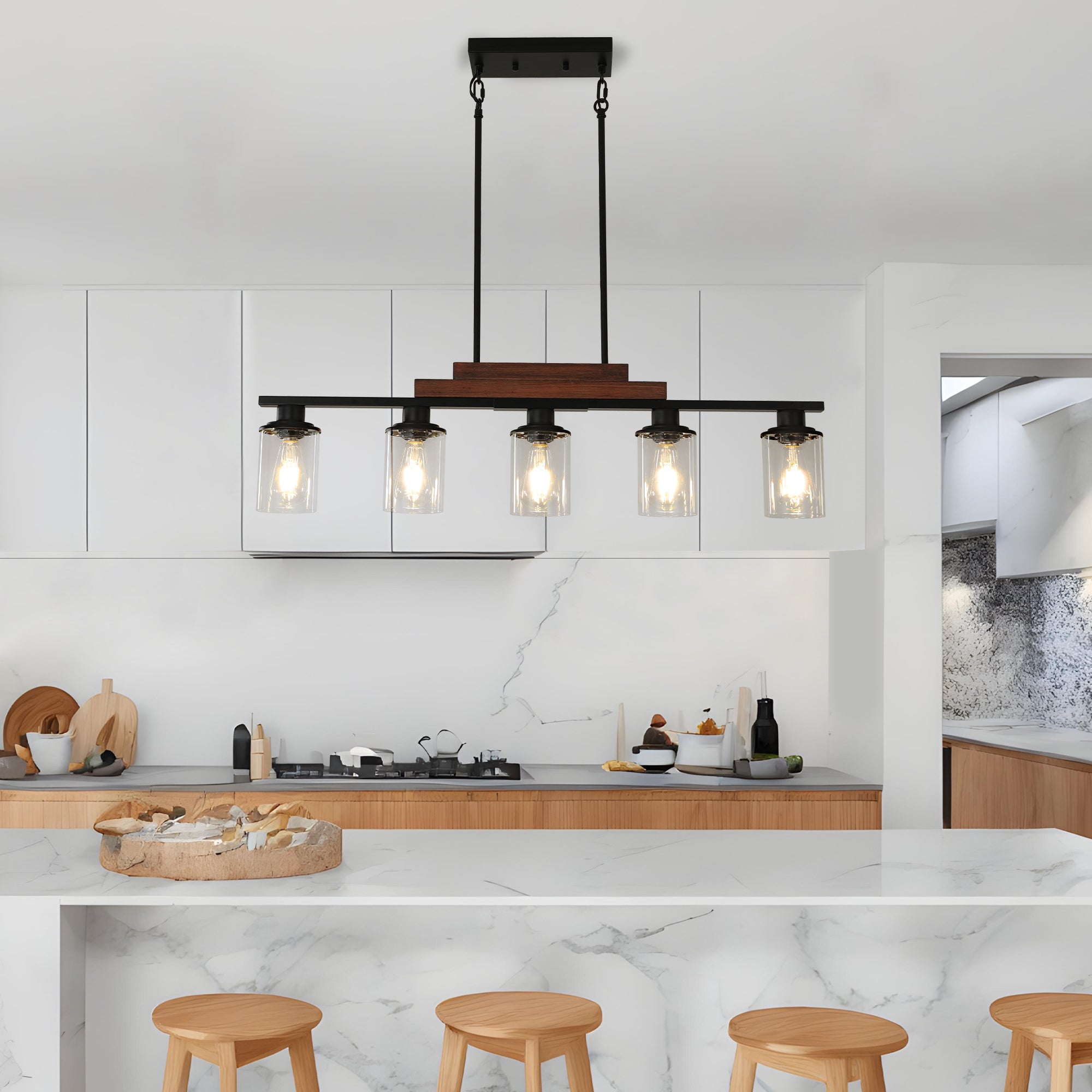 37' Farmhouse Industrial 5-Light Kitchen Island Pendant Light, Metal Wood Chandelier with Clear Glass Shades, Adjustable Height Hanging Fixture for Dining Room, Living Room, Kitchen (No Bulbs)
