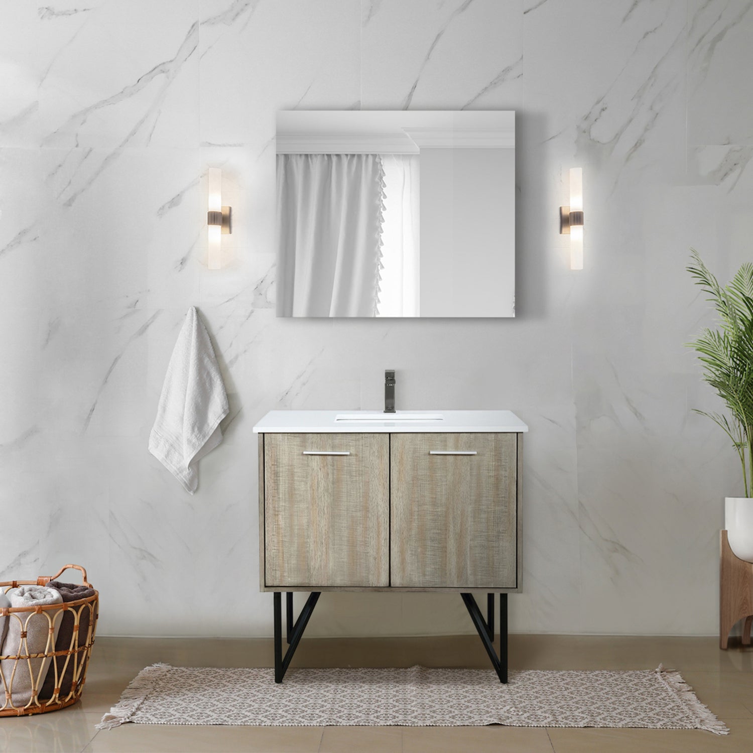 Rustic Acacia Bath Vanity 36 in. W x 20 in. D, White Quartz Top and Rose Gold Faucet Set