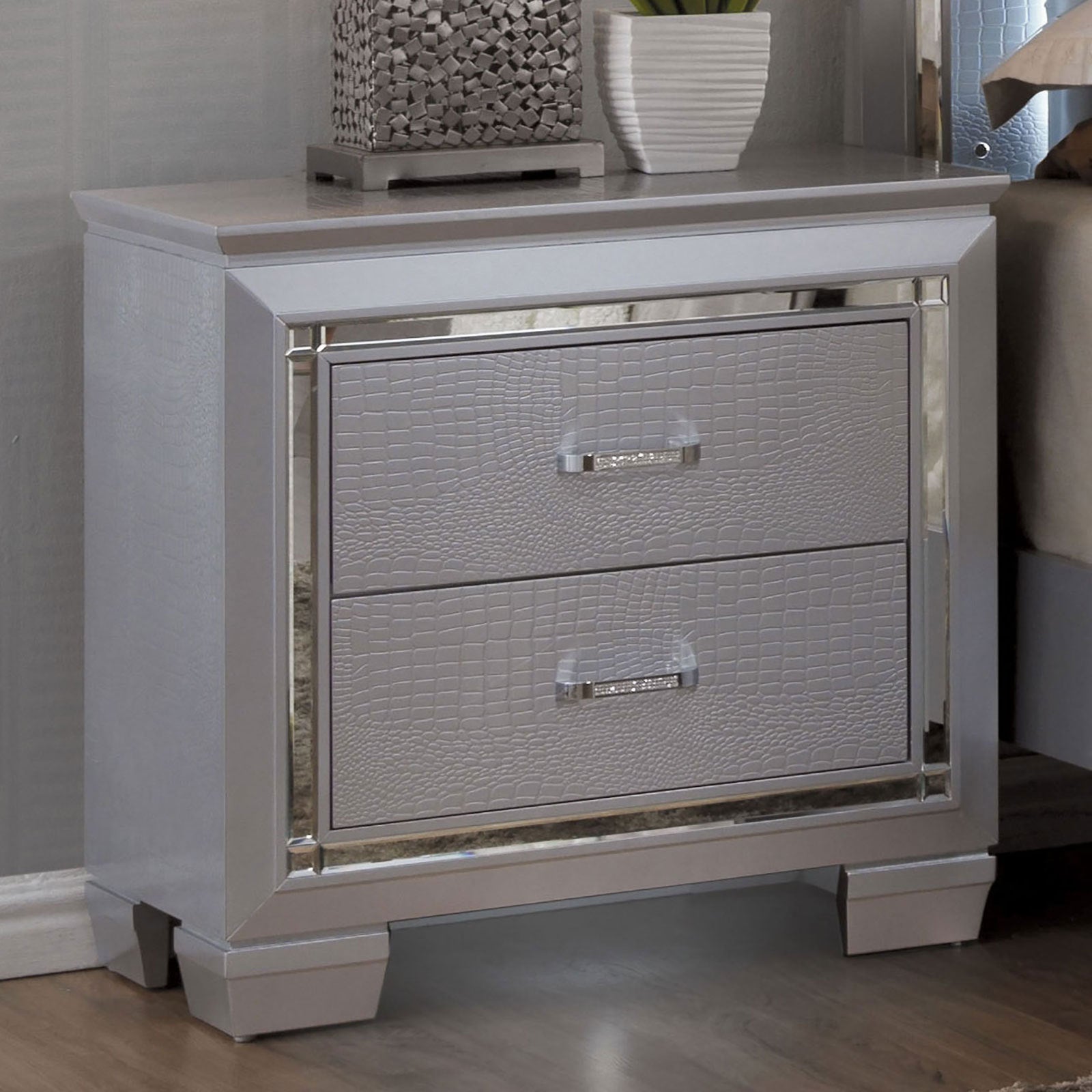 Contemporary 1pc Nightstand Silver Bedside Table LED Light English Dovetail Drawer Bedroom Furniture