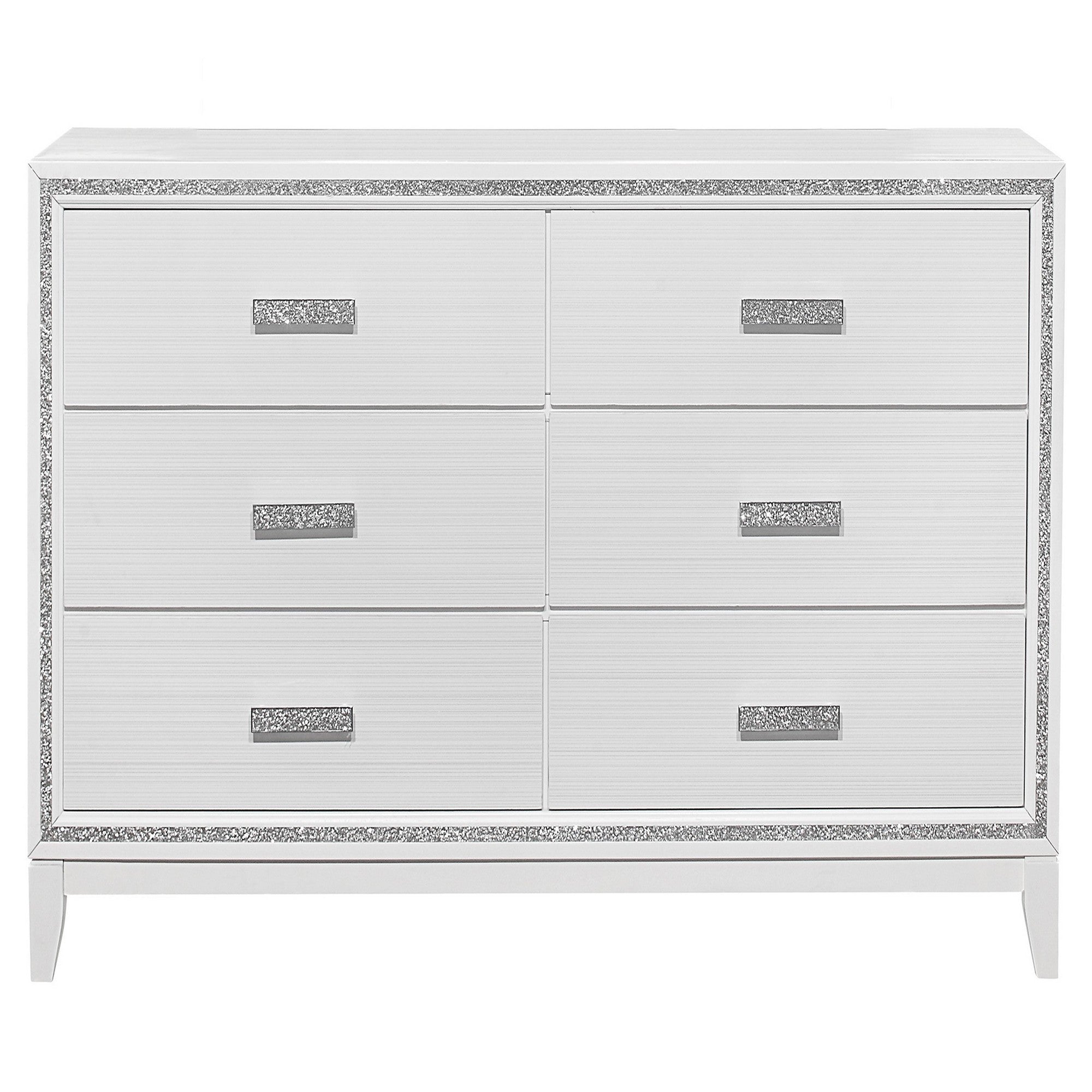 ALMERA Glam Glitter White Dresser with Spacious Drawers and Crystal Accent Trim
