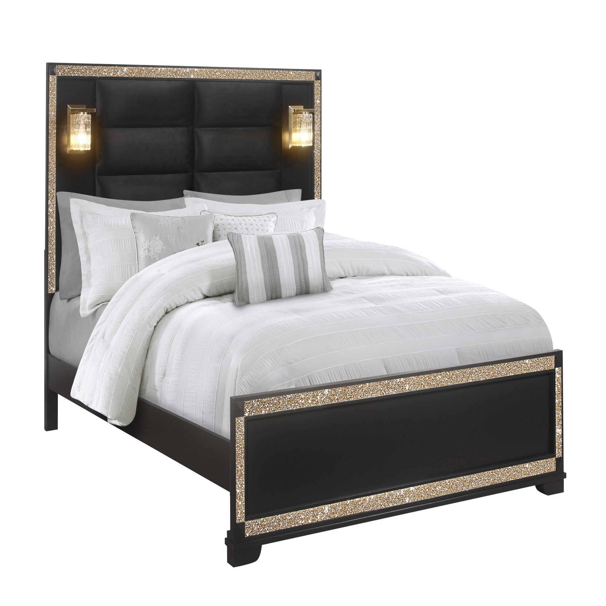 LIVELY Black/Gold Queen Bedroom Set with Glitter Detail and Padded Headboard with Lights