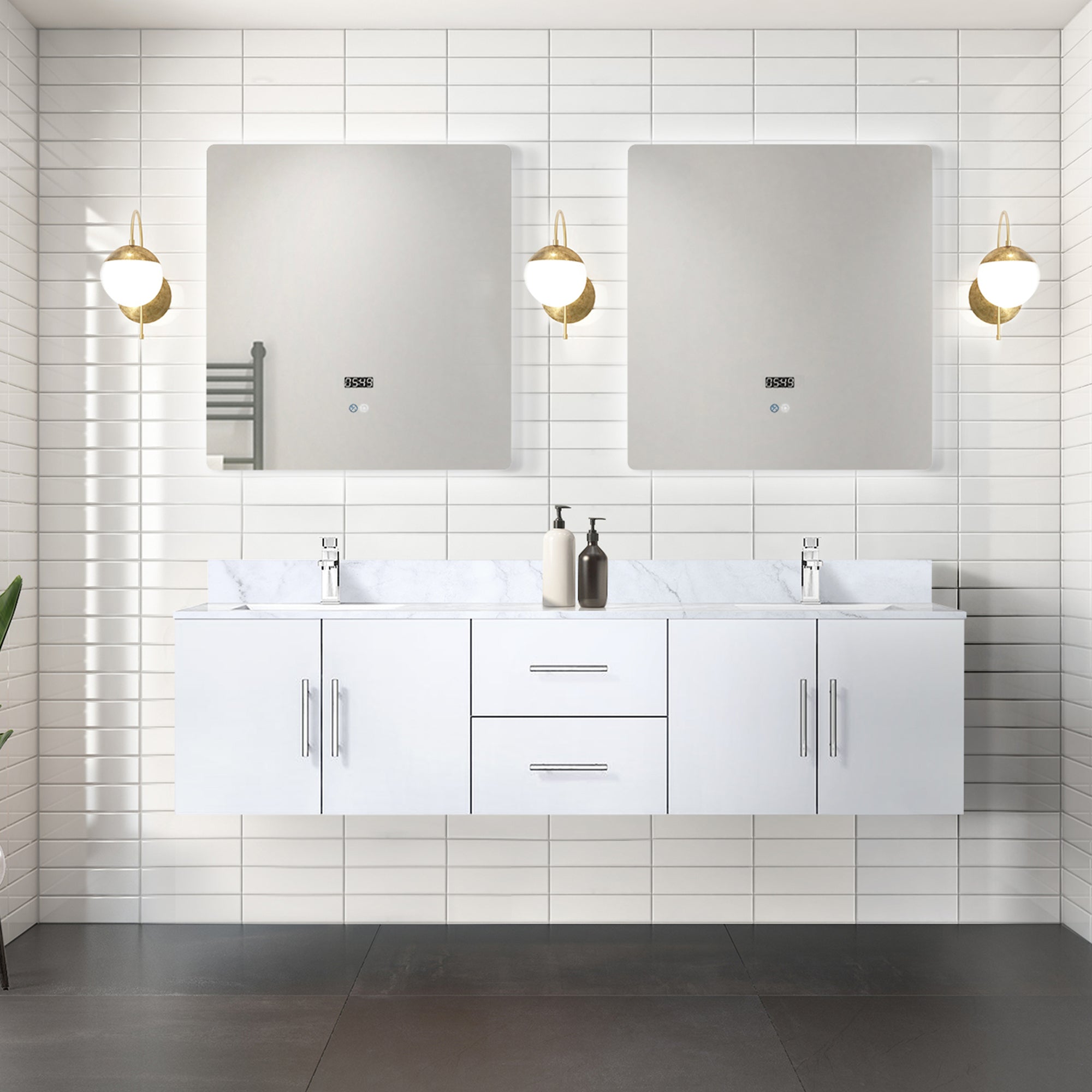 Glossy White Double Bath Vanity 72 in. W x 22 in. D, Carrara Marble Top, and Faucet Set