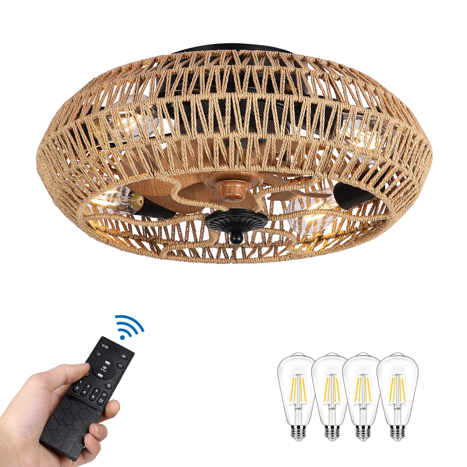 Rattan Ceiling Fan with 5 Bulbs