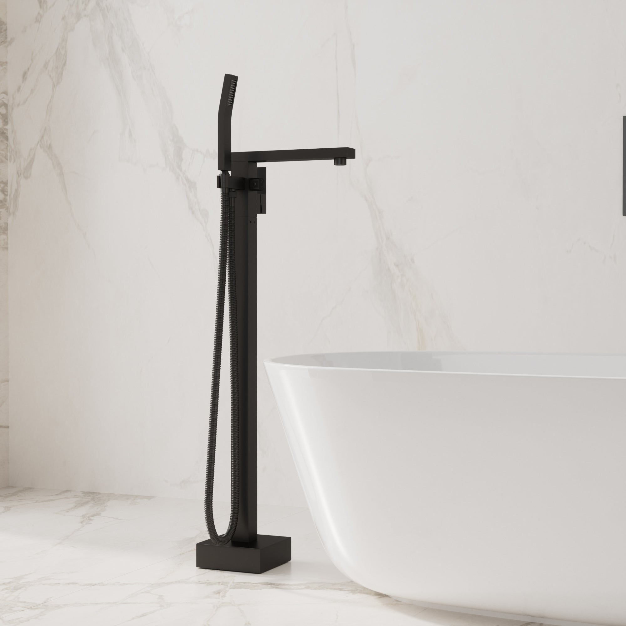 Matte Black Free Standing Tub Faucet Floor Mounted Tub Filler Faucet Brass Bathroom Tub Faucets with Hand Shower