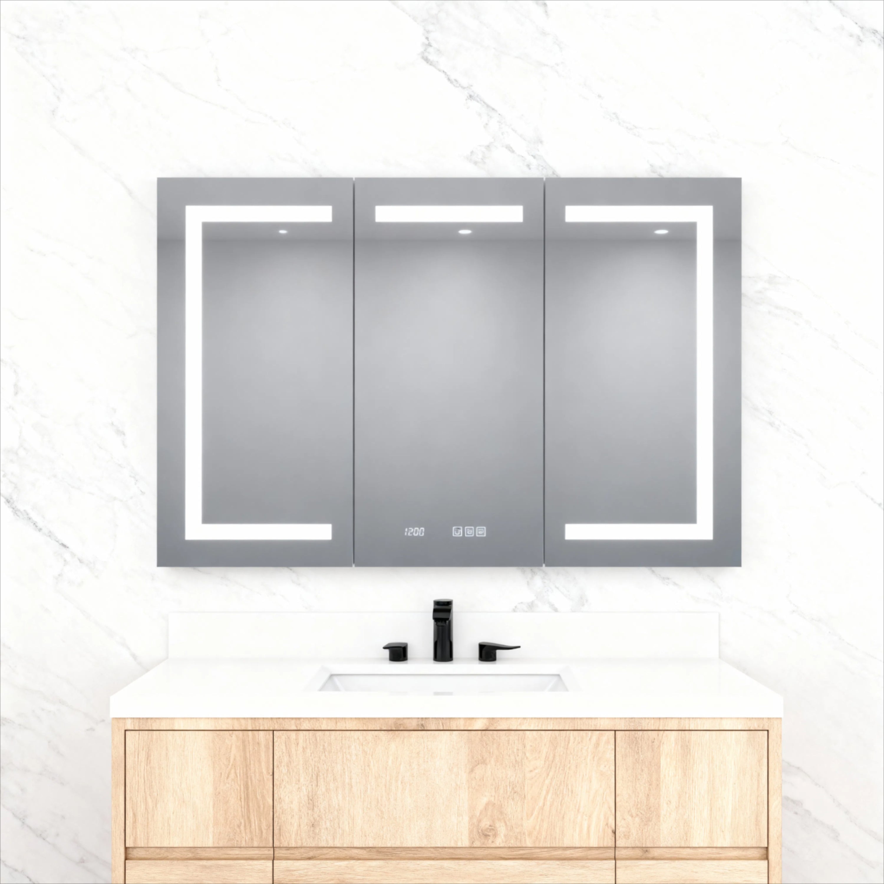 48 in. W x 30 in. H Rectangular Silver Aluminum Recessed/Surface Mount Medicine Cabinet with Mirror LED and Clock