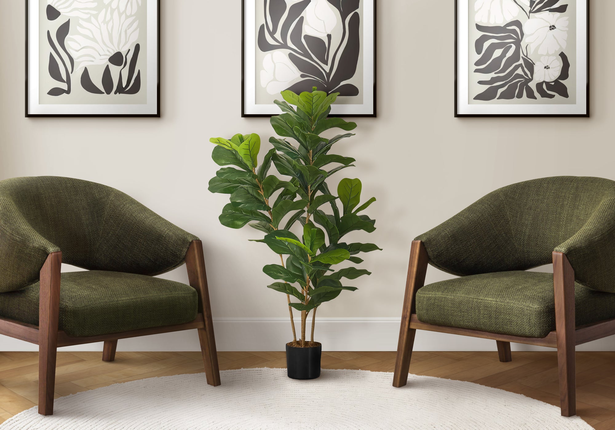 Artificial Plant, 41' Tall, Fiddle Tree, Indoor, Faux, Fake, Floor, Greenery, Potted, Real Touch, Decorative, Green Leaves, Black Pot