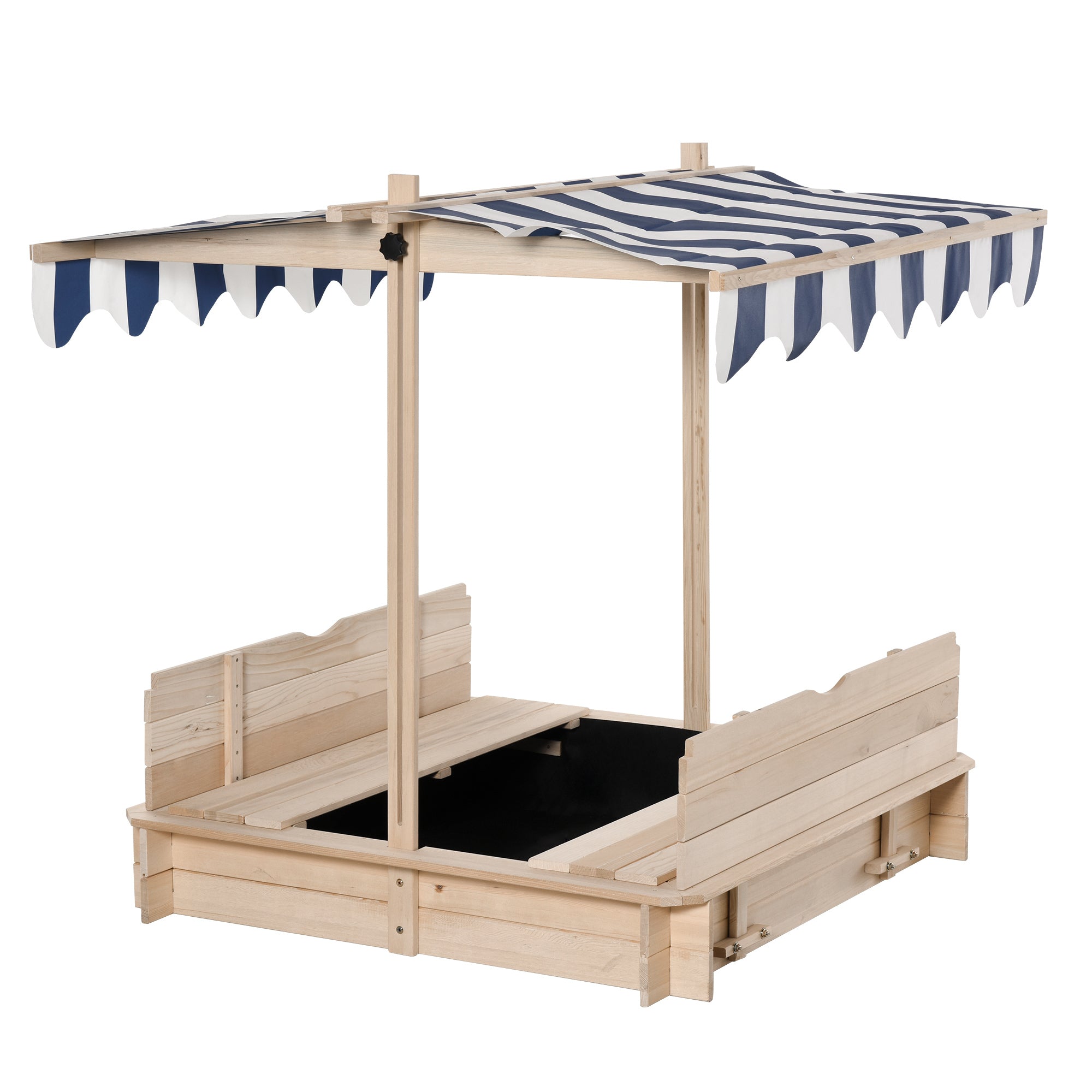 Outsunny Wooden Kids Sandbox with Cover, Children Outdoor Sand Box with Foldable Bench Seats, Adjustable Canopy, Bottom Liner for Outdoor, Natural