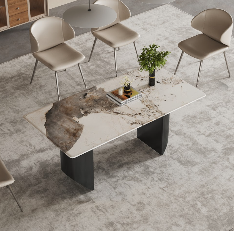 White & Brown Veined Marble Dining Table - Italian Luxury for Home Dining Room