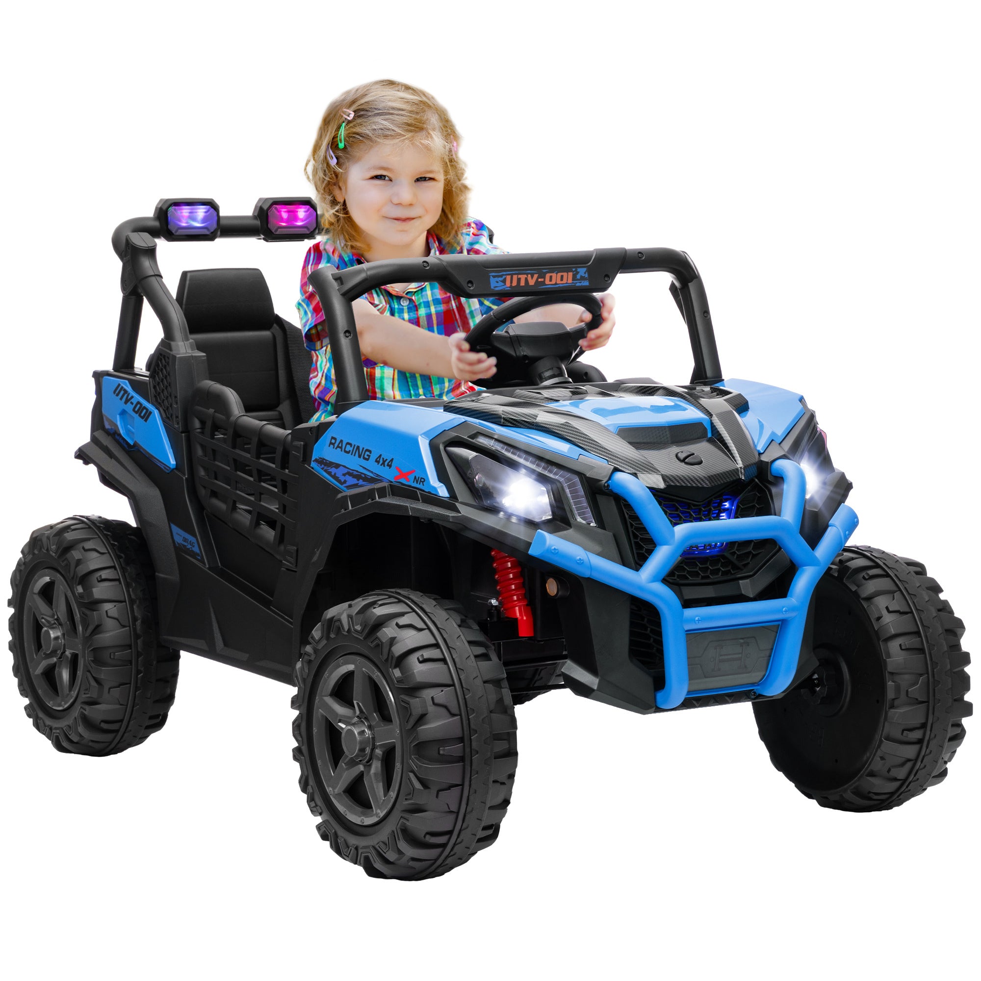 Qaba 2 Seater Electric Car for Kids, 24V Battery Powered Ride on Car with Remote Control, 3 Speed, Slow Start, LED Lights, Music, Horn, Spring Suspension for 3-8 Years, Blue