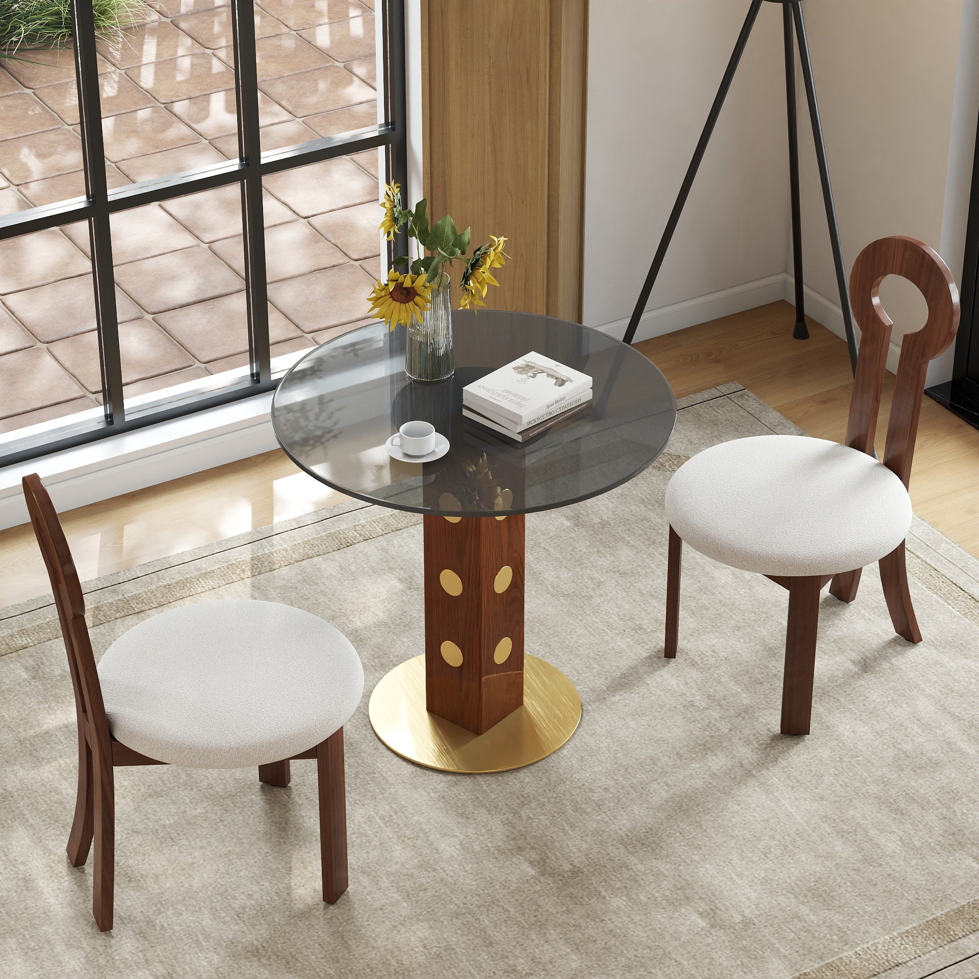 Modern Round Dining Table, 33.5' Tempered Glass Table with Wooden Leg & Gold Base, 2 - Person Kitchen Table for Small Space, 150lbs Weight Capacity(Only the Negotiation Table)