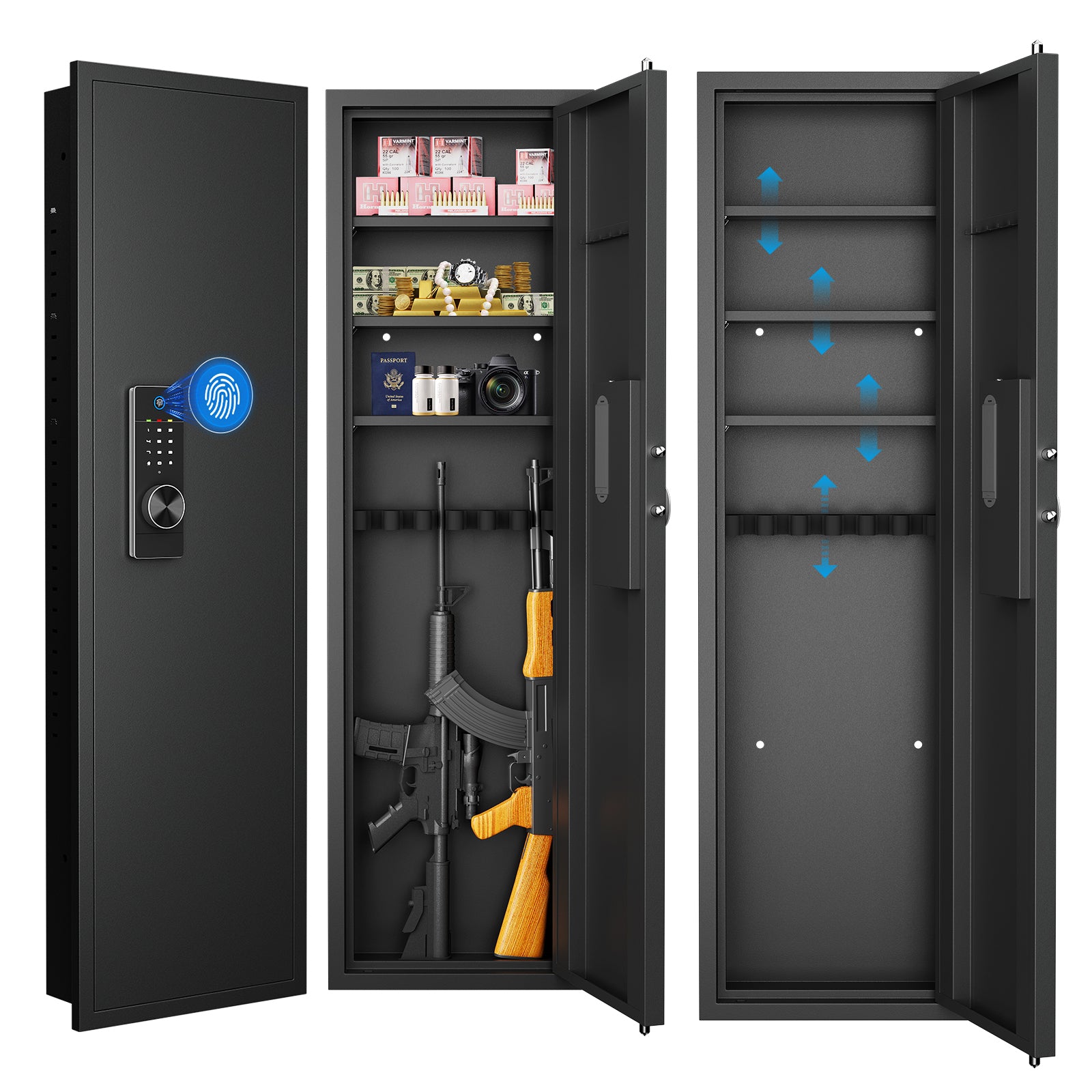 53' Fingerprint Touch Panel In-Wall Safe,Hidden Wall Gun Safe for Rifles with Adjustable Shelves,Assembled Storage Multifunctional Wall Safe for Firearm and Valuables (Black-Fingerprint)