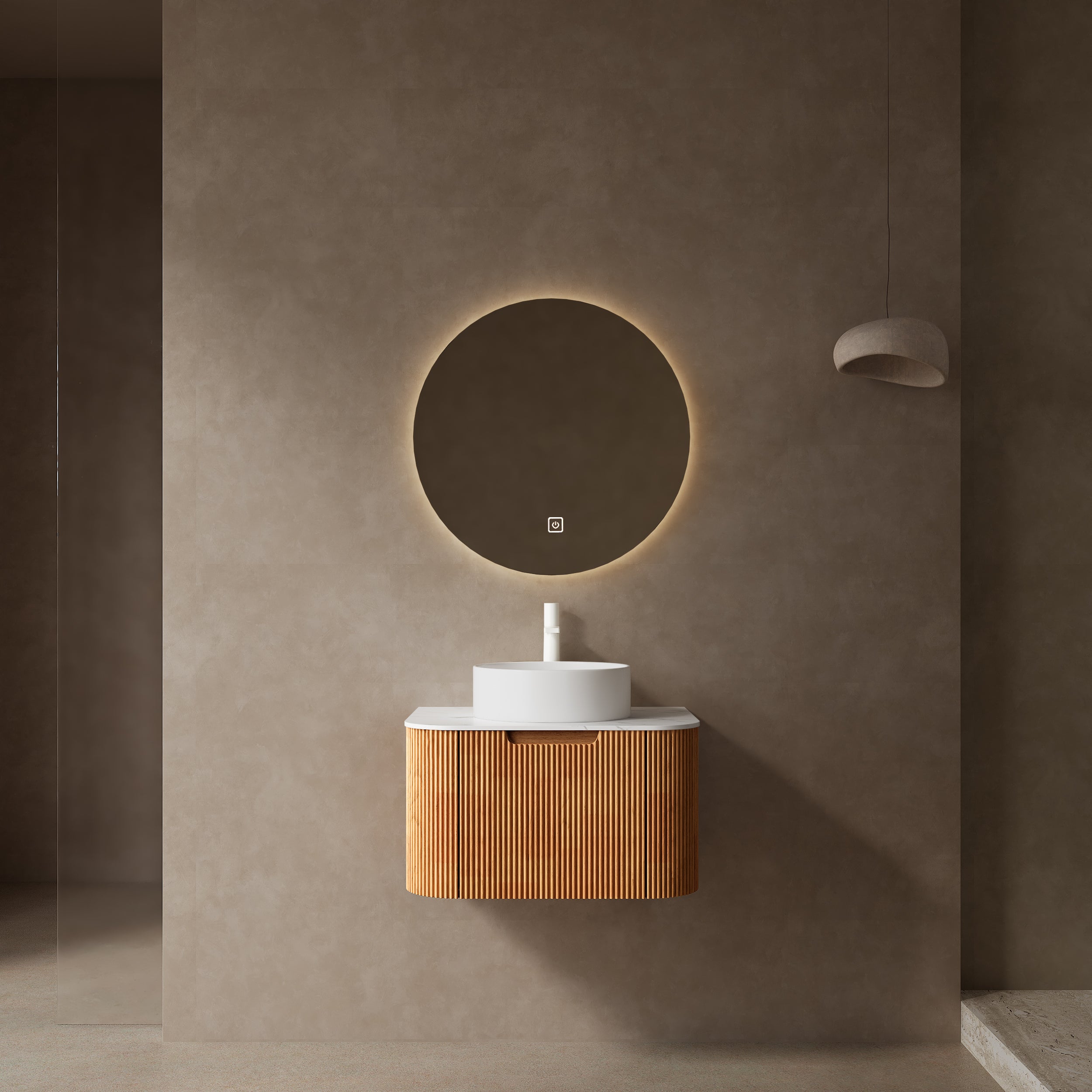 DINA 24' Bathroom Vanity with Sink, Wall-Mounted Floating Curved Edges Striped Bathroom Storage Cabinet with a Drawer, White Round Ceramic Basin without Faucet, Pre-assembled, Natural Woodgrain Color