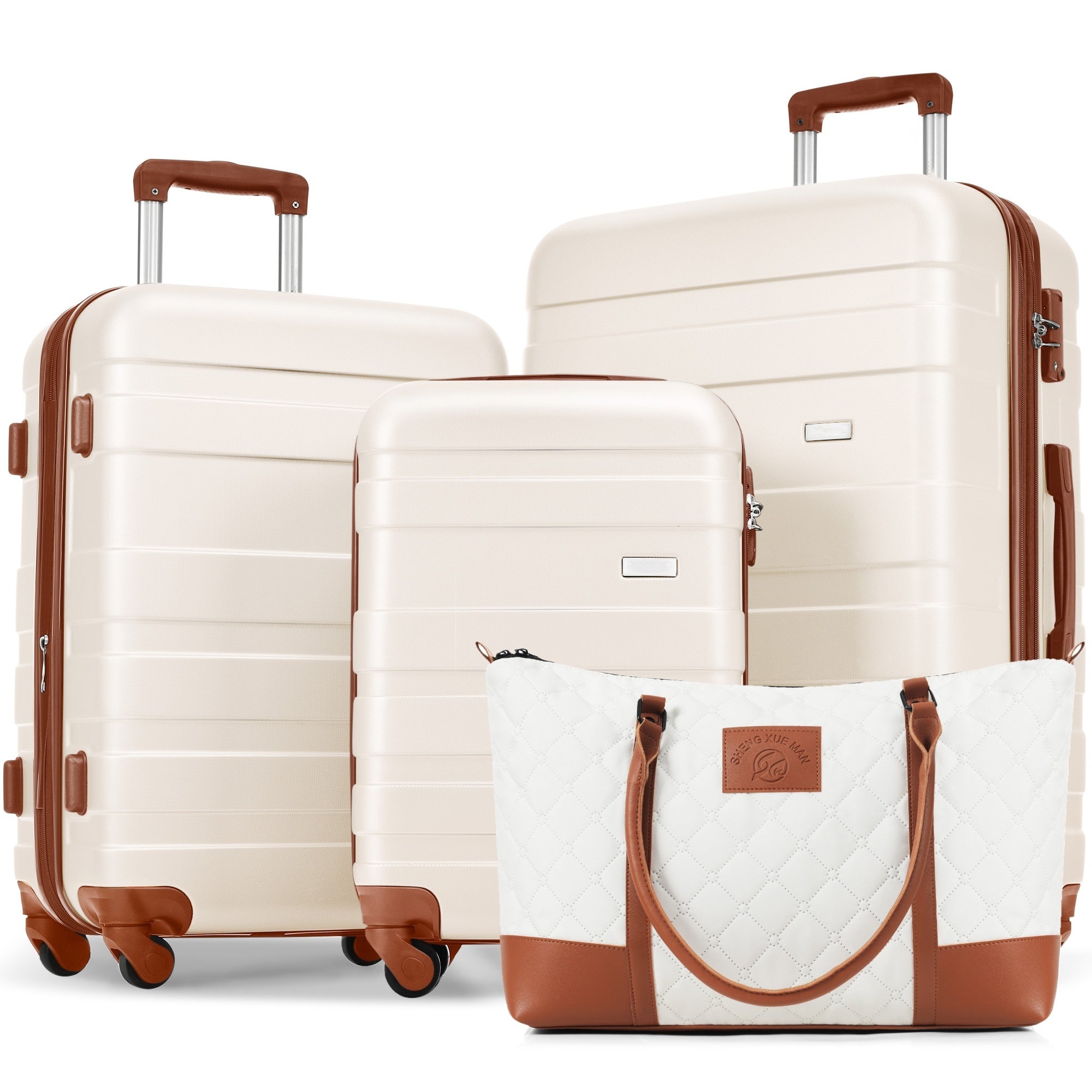 Luggage Sets 4 Piece,  ABS Durable Suitcase with Travel Bag, Carry On Luggage Suitcase Set with 360° Spinner Wheels, ivory and brown