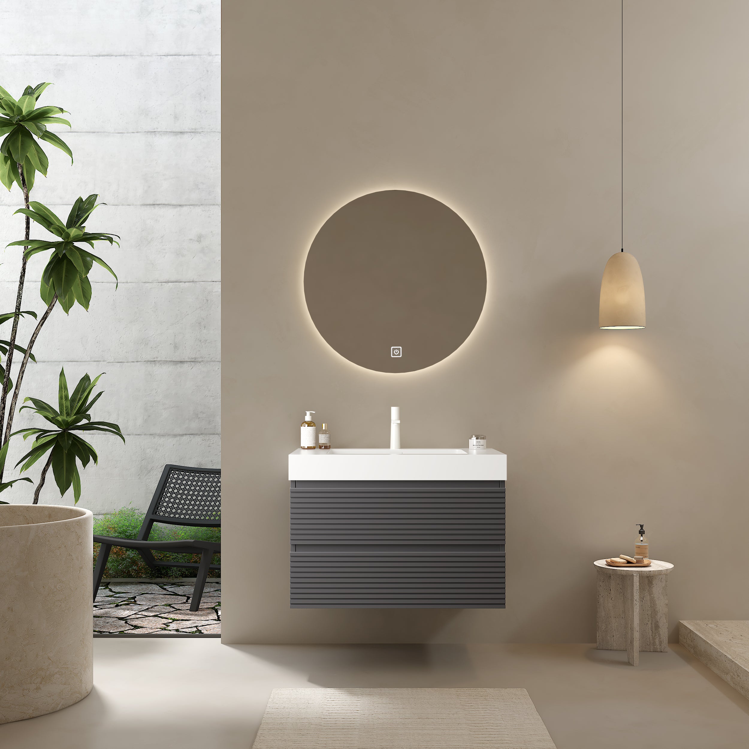 VENO 30' Bathroom Vanity with Undermount Sink, Modern Wall-Mounted Floating Plywood Striped Bathroom Storage Cabinet with 2 Drawers, White Integrated Rectangular Basin without Faucet, Gray Color
