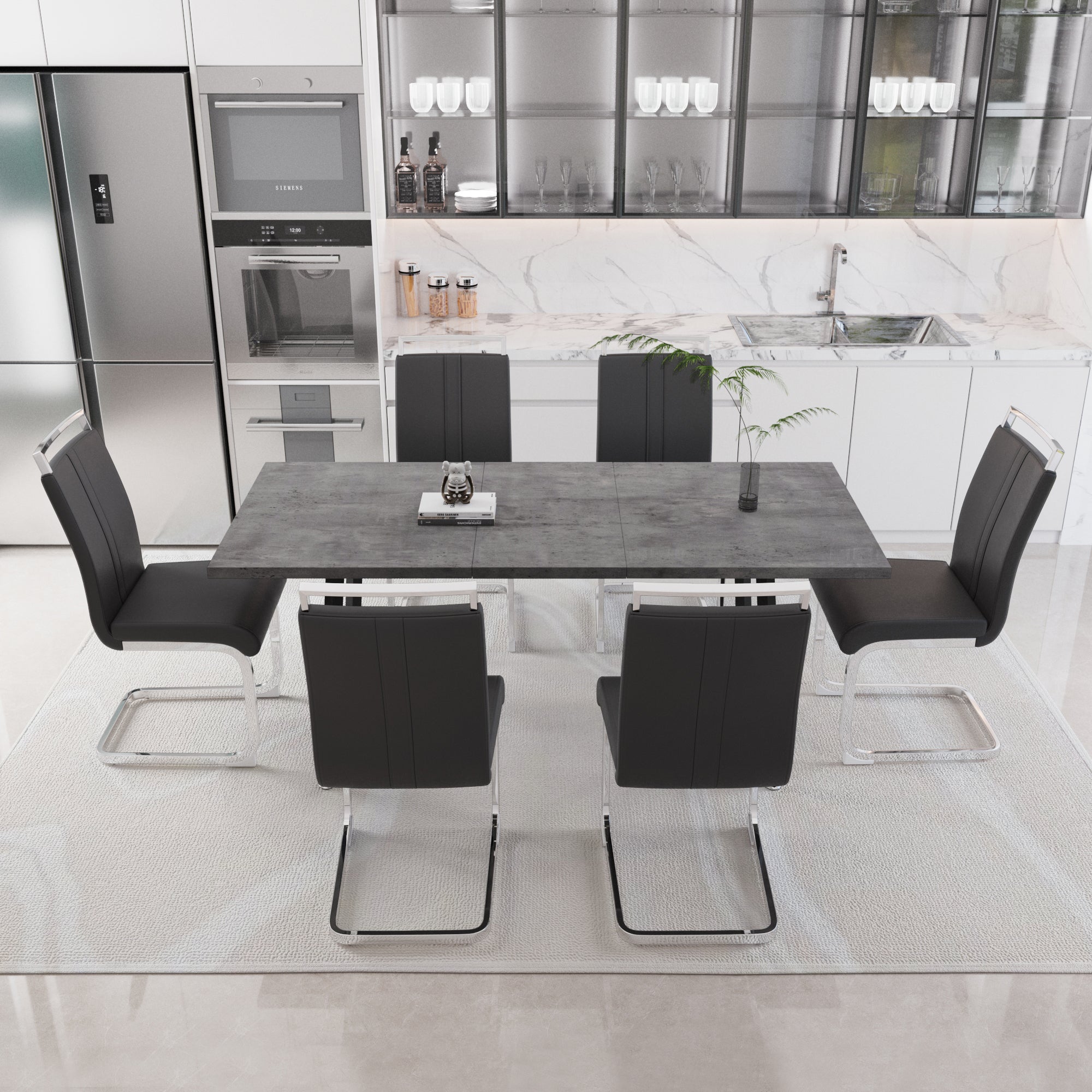 55.12-70.87' expandable square dining table set that can accommodate 4-6 people, equipped with 6 C-shaped tubular cushioned armless dining chair,  kitchen table and chair set, with metal legs