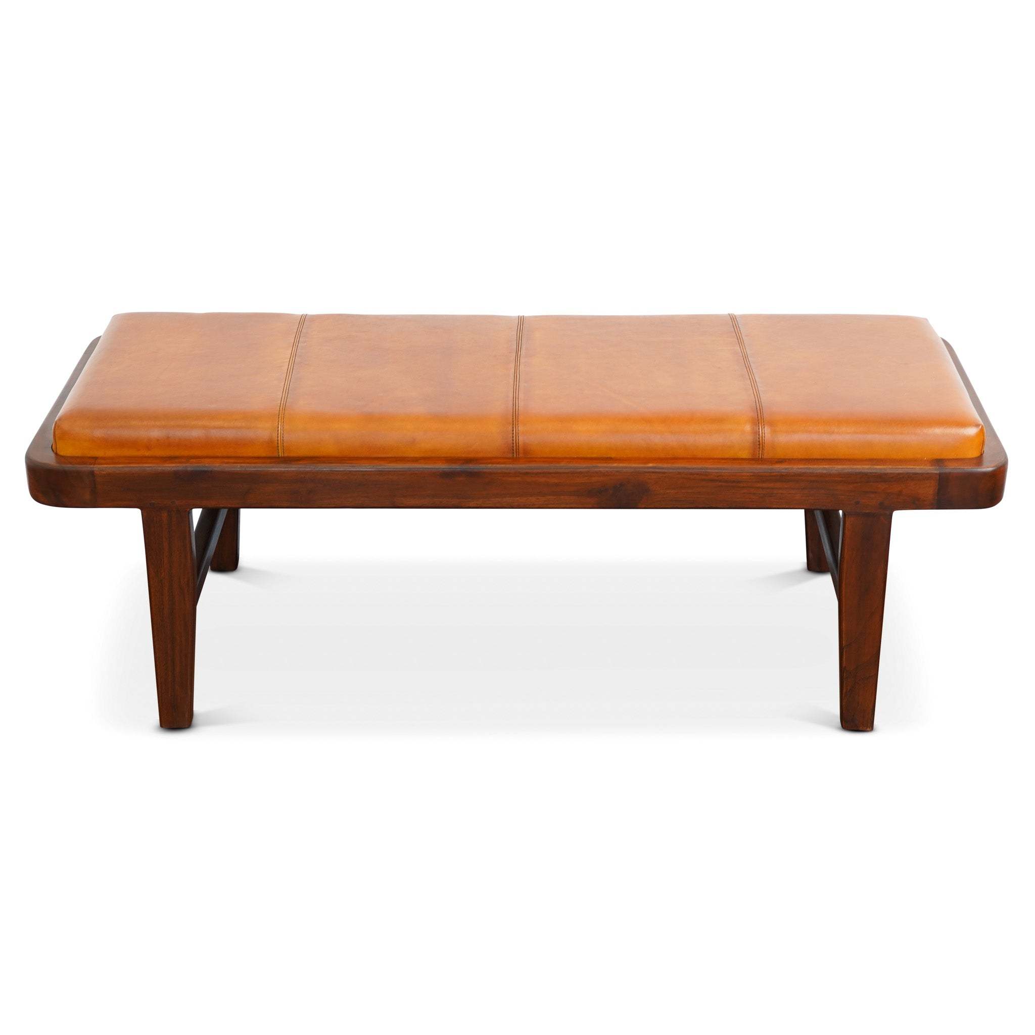 Maddox Mid-Century Modern Upholstered Bench Tan Leather Solid Wood 16.5'H x 47.2'W x 17.7'D for Living Room & Bedroom