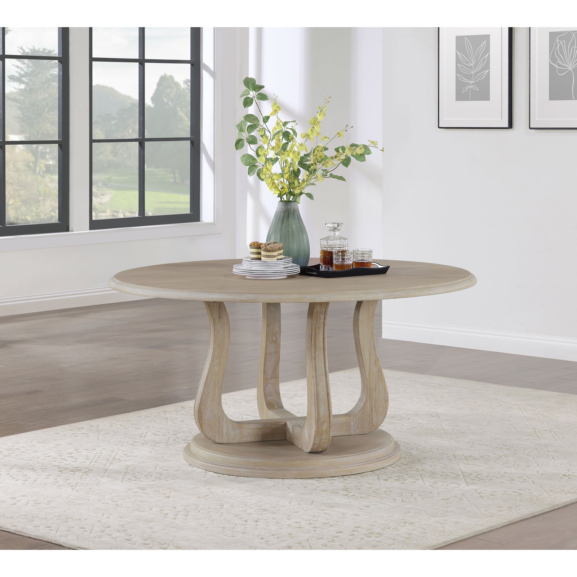 Verdugo White Washed Round Dining Table with Pedestal Base