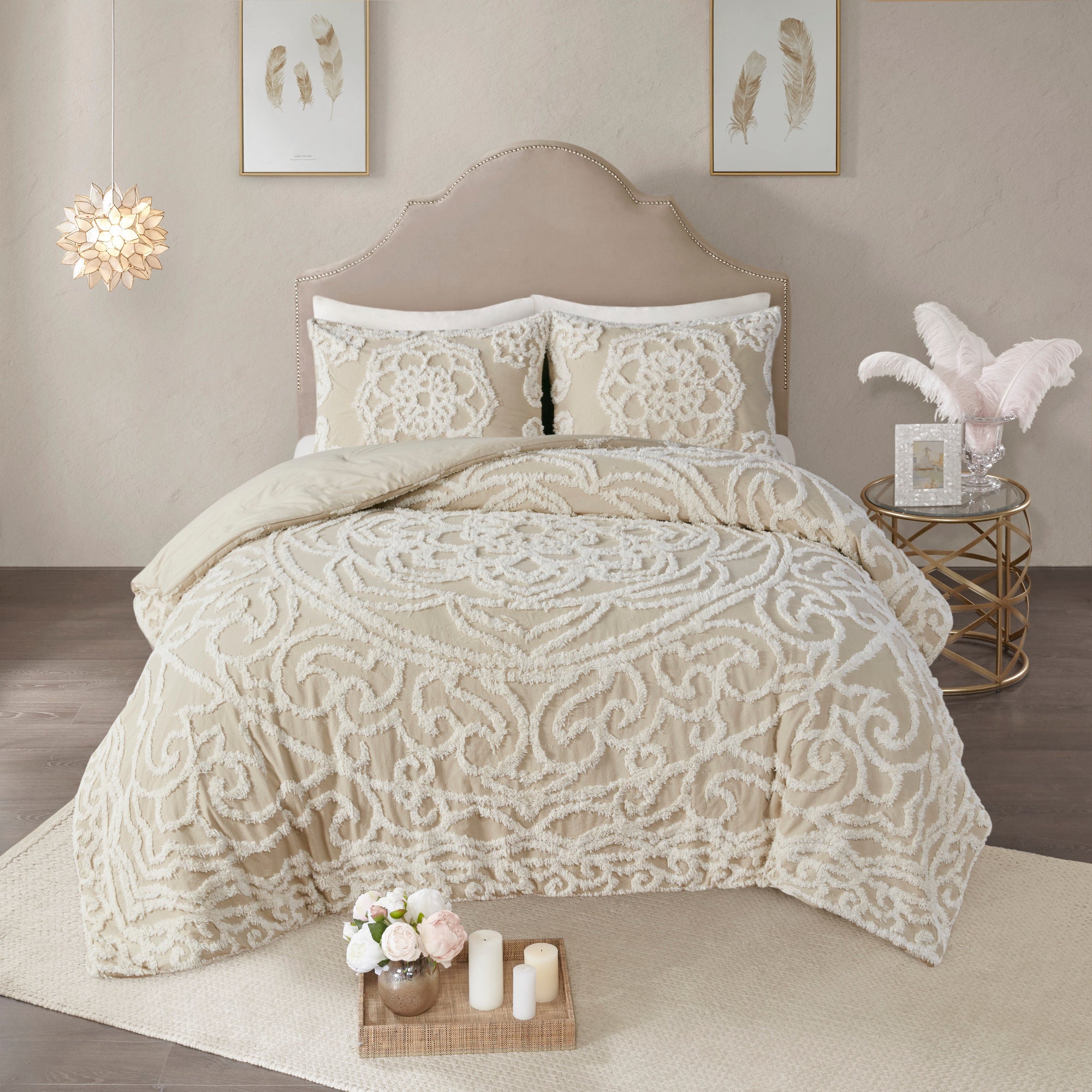 Tufted Cotton Chenille Medallion Comforter Set Taupe Full/Queen