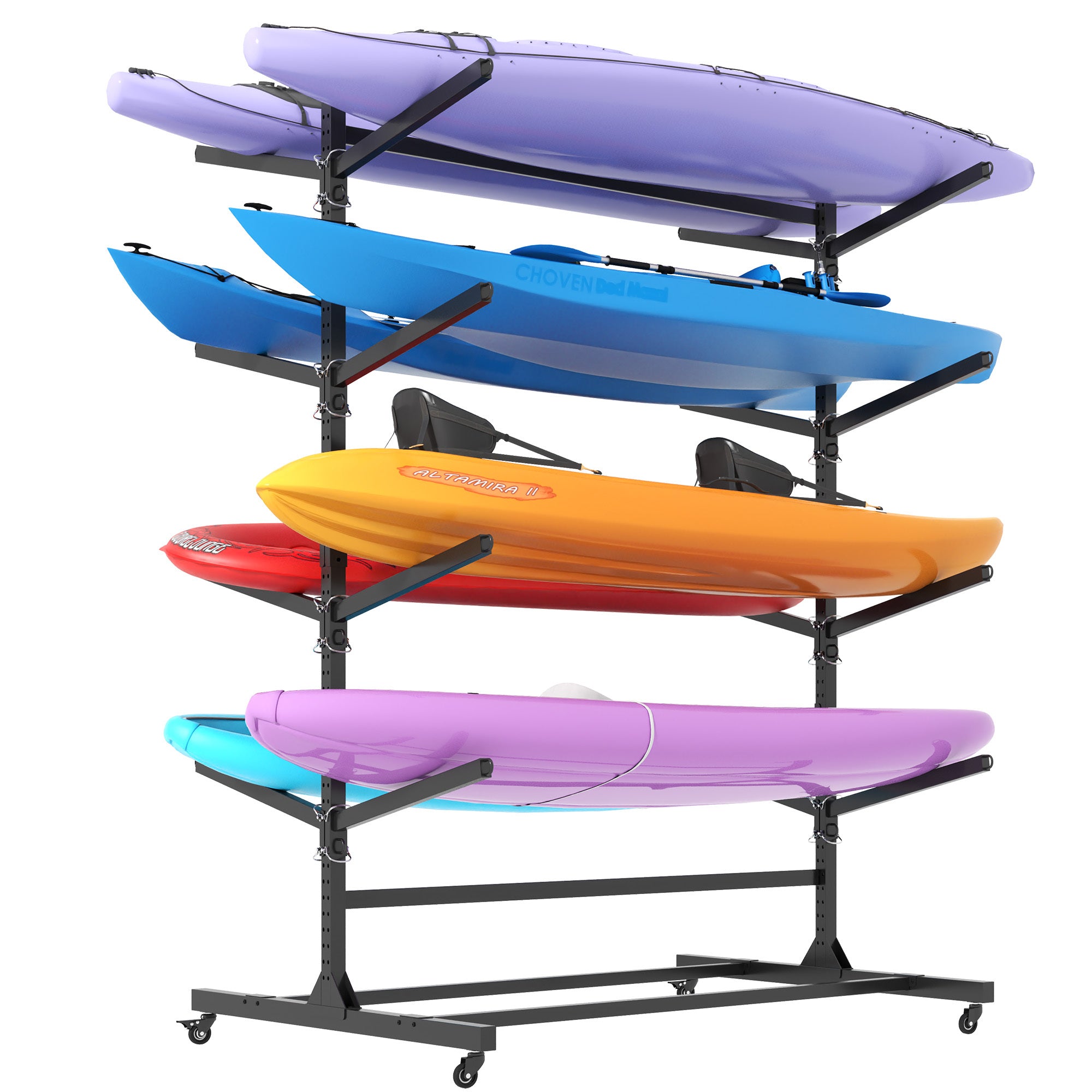Heavy Duty Freestanding Kayak Storage Rack with Adjustable 8 Kayak Stand and Wheels for Garage, Indoor & Outdoor Use, Black Metal, 58'D*45.9'W*82.3'H