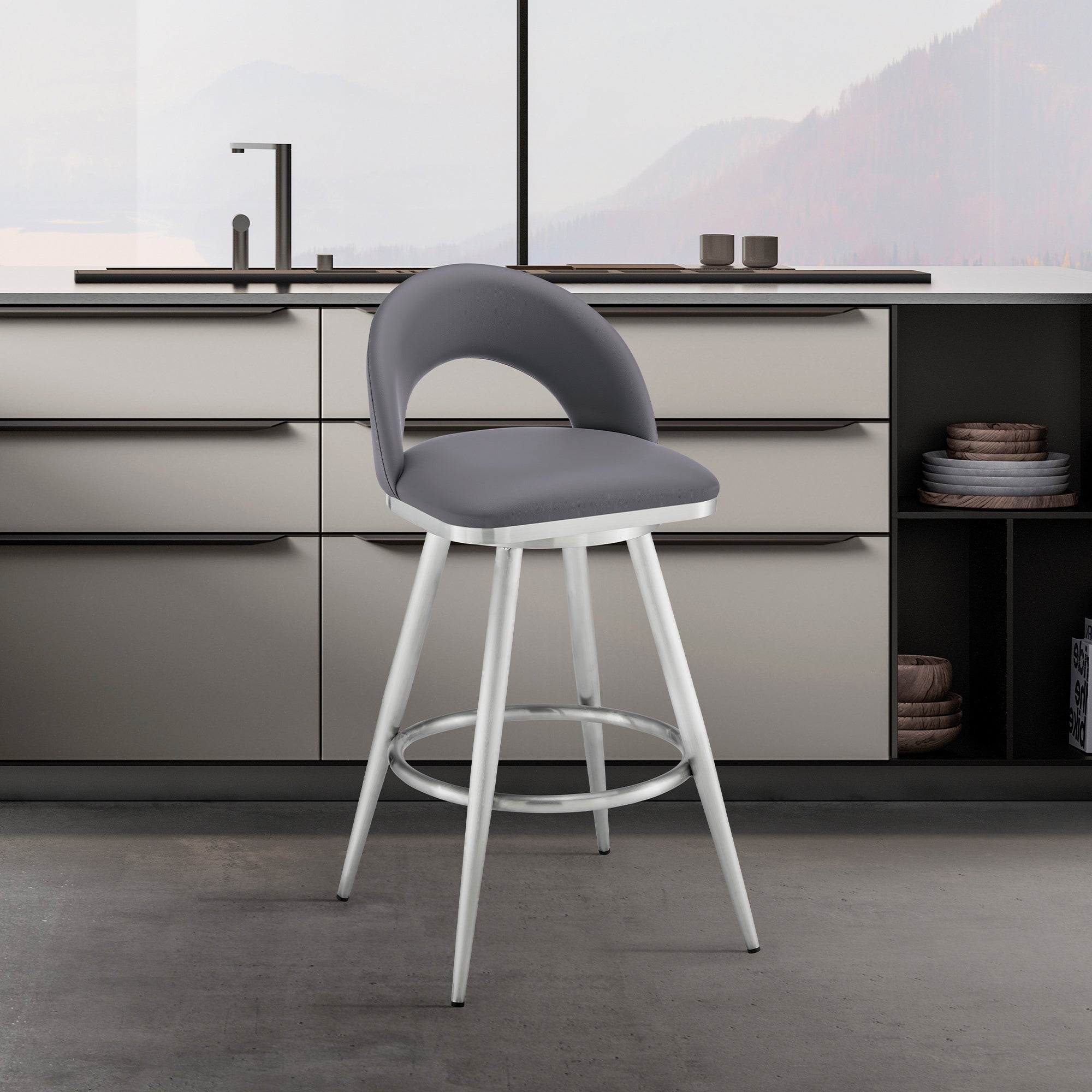 Charlotte 30' Swivel Bar Stool in Brushed Stainless Steel with Gray Faux Leather
