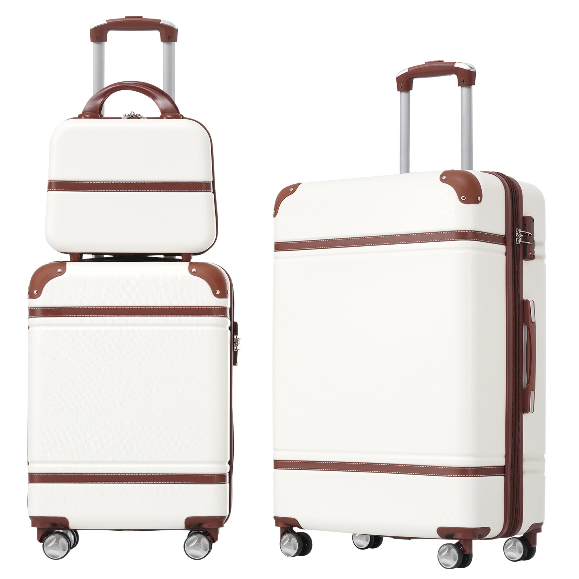 3 Piece Hardshell Luggage Set with Spinner Wheels and TSA Lock, White, ABS Material, 20'+24' Luggages and Cosmetic Case