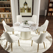 53.15 'Modern White Artificial Stone Round Beige Plywood PU Base Dining Table-23.62'White Artificial Stone Turntable-Can Accommodate 6 People (Not Including Chairs. )