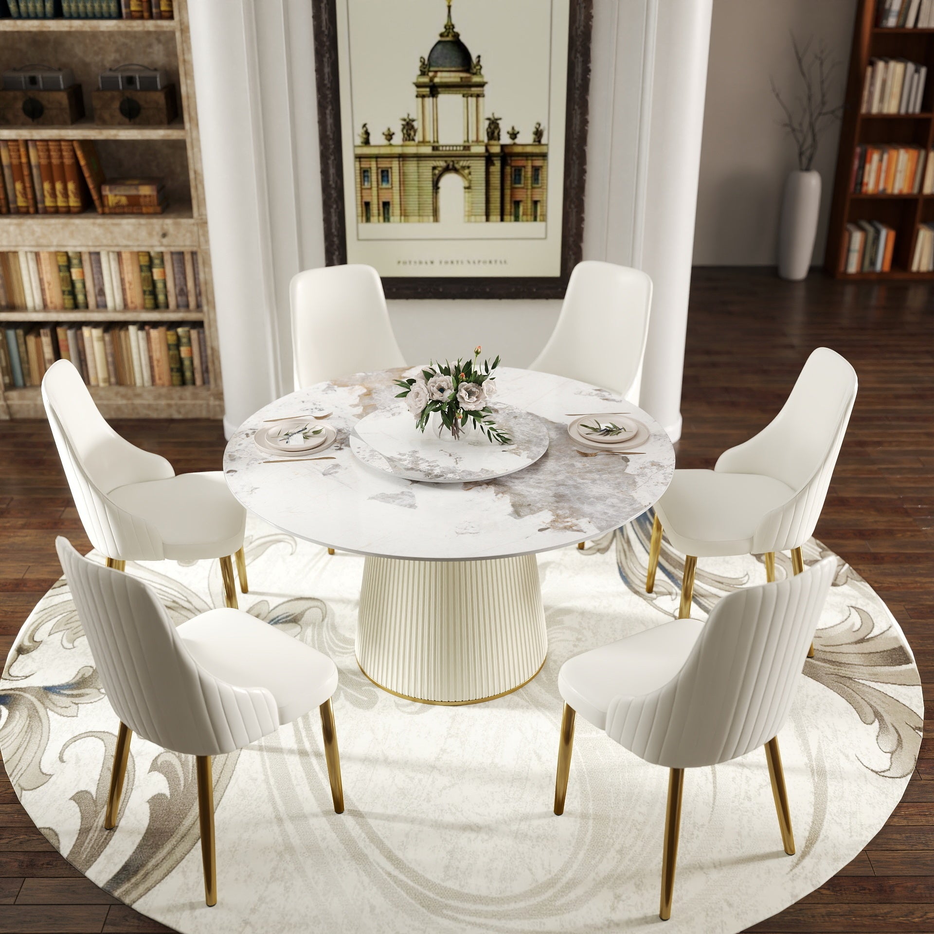 53.15 'Modern White Artificial Stone Round Beige Plywood PU Base Dining Table-23.62'White Artificial Stone Turntable-Can Accommodate 6 People (Not Including Chairs. )