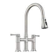 Double Handle Bridge Kitchen Faucet With Pull-Down Spray Head