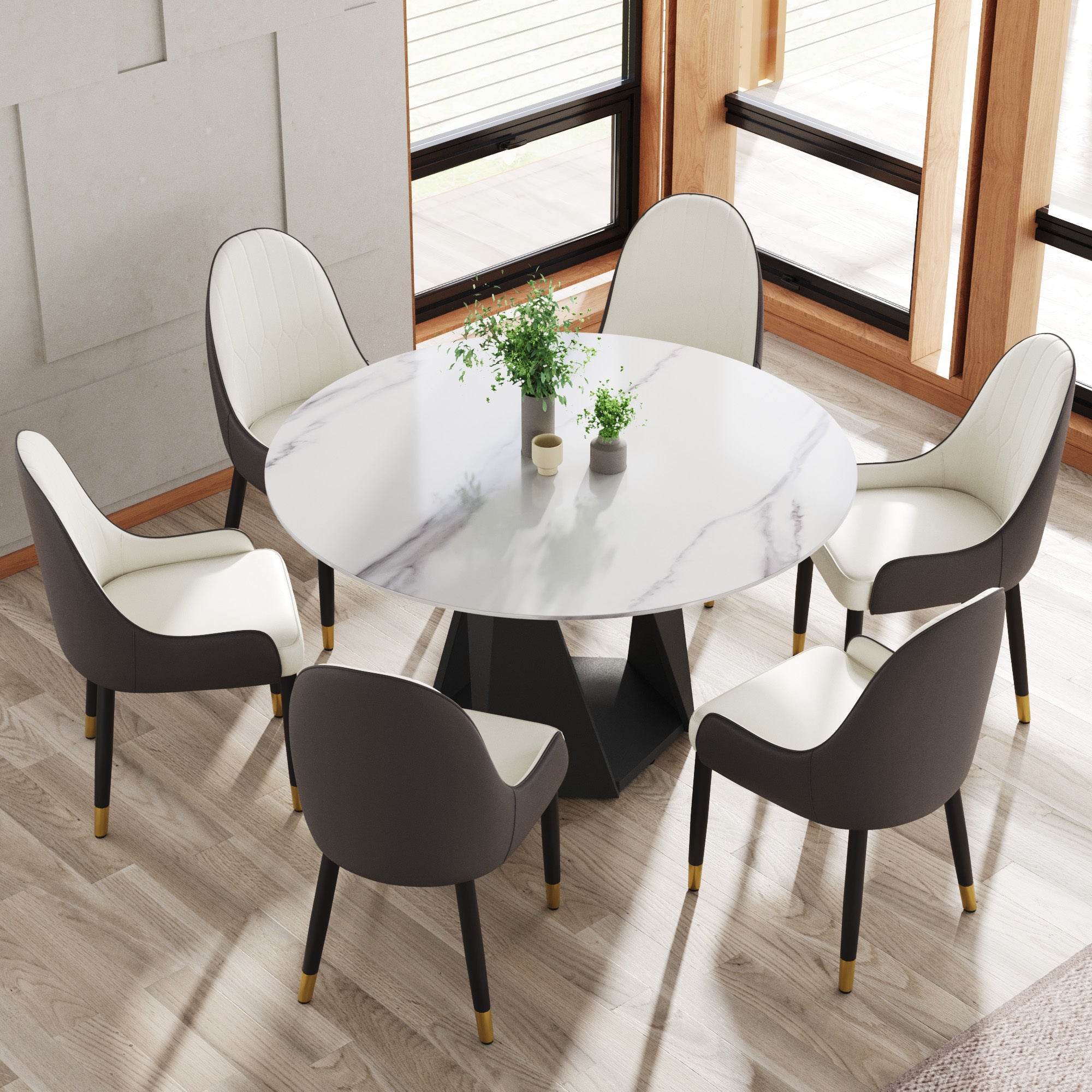 53' Round Marble Dining Table with Black Iron Metal Base, Artificial Marble for 6 People, Dining Room/Living Room Kitchen Dining Table,White (Dining Table Only)