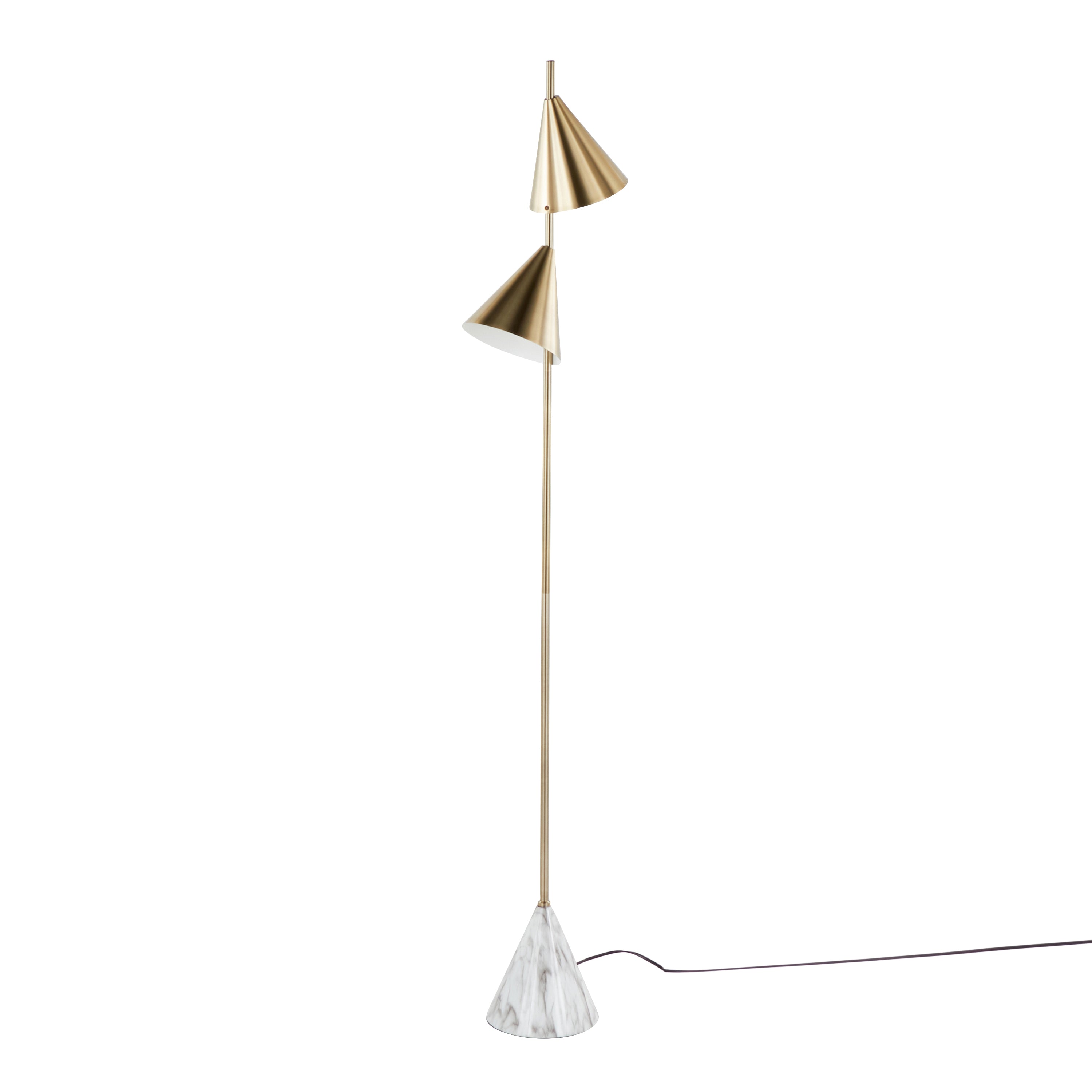 Cone 65' Glam Metal Floor Lamp in Brushed Gold Metal with White Faux Marble Metal Base by LumiSource