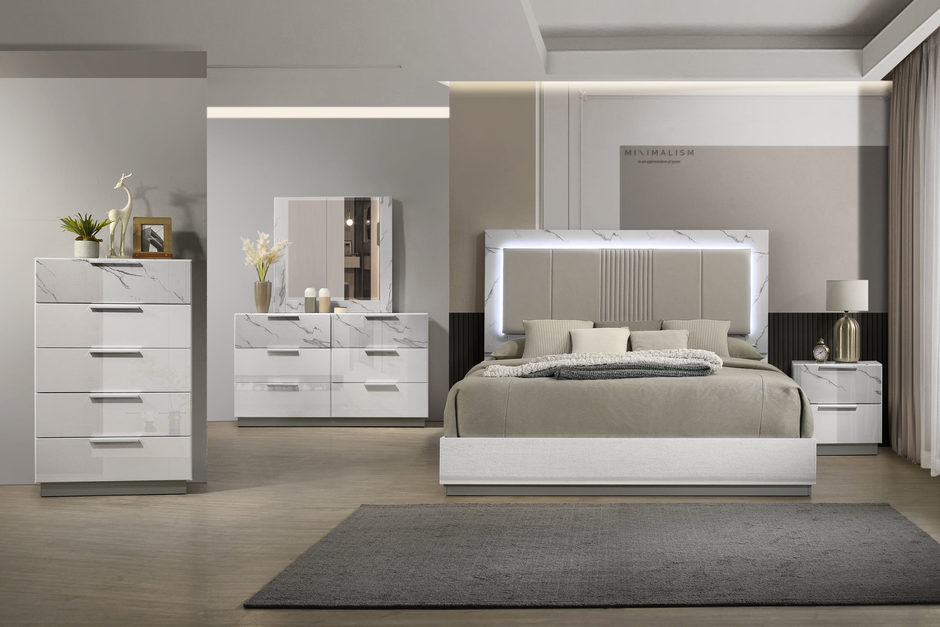 Mist Queen 5-Piece Set – Two-Tone High-Gloss Marble & Lacquer Finish with LED Lighting, Spacious Velvet-Lined Storage White (NJ Inventory)