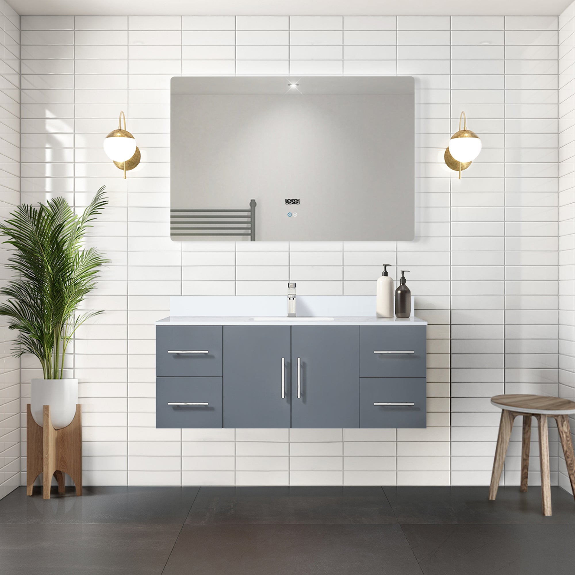 Dark Grey Bath Vanity 48 in. W x 22 in. D, White Quartz Top, and Faucet Set