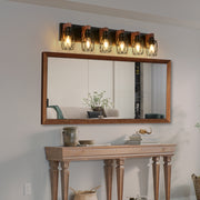 38' Industrial Vintage 6-Light Wall Sconce - Black Cage Wall Lighting Fixture with Wooden Accents for Bathroom, Hallway, or Living Room (Bulb Not Included)