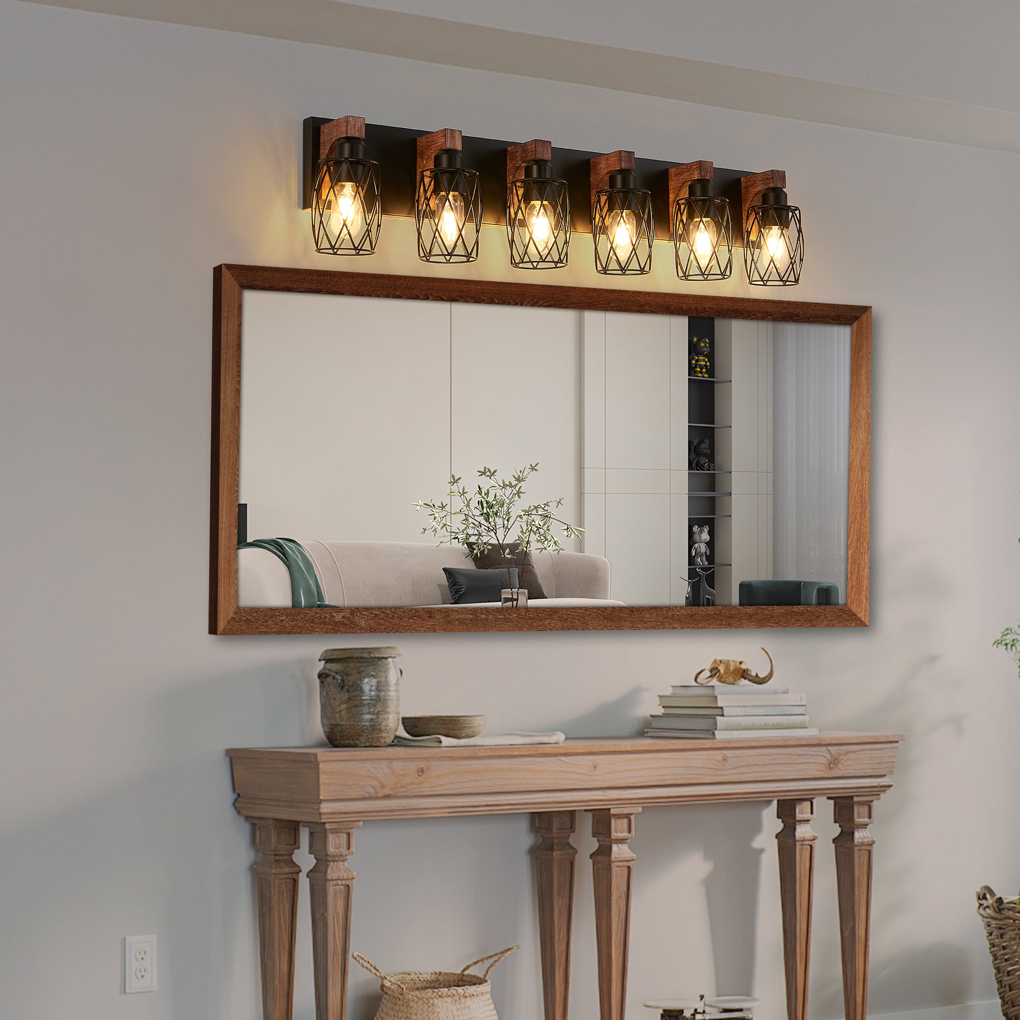 38' Industrial Vintage 6-Light Wall Sconce - Black Cage Wall Lighting Fixture with Wooden Accents for Bathroom, Hallway, or Living Room (Bulb Not Included)