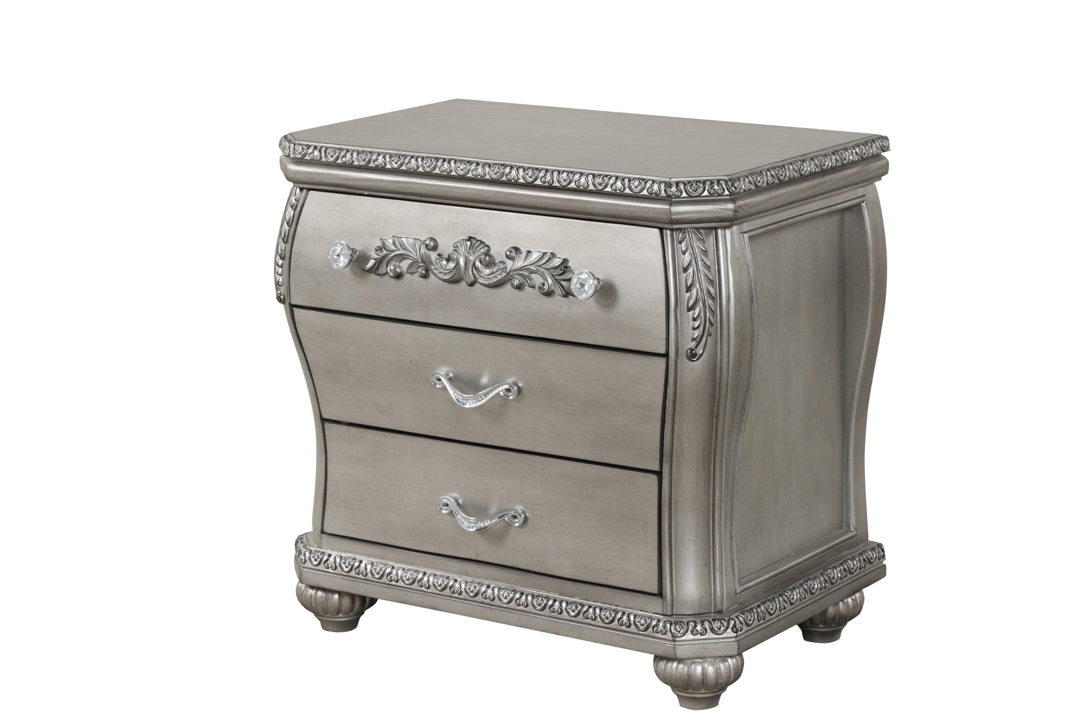 Destiny Traditional Style 3-Drawer Night stand With metal drawer pulls Made with Wood in Silver