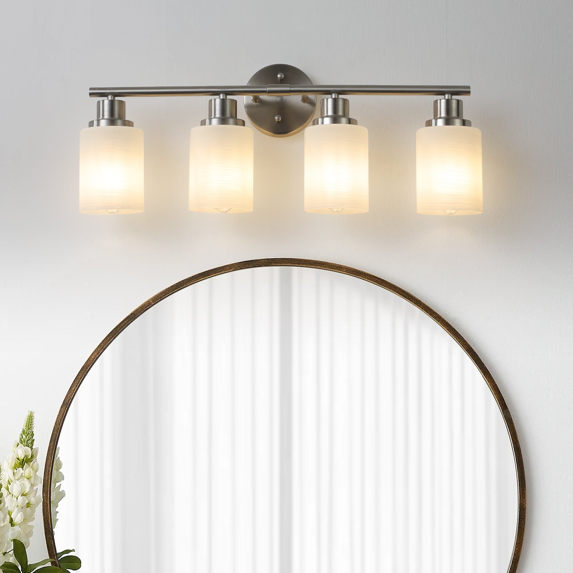 24' Modern 4-Light Vanity Wall Sconce, Brushed Nickel Finish with Frosted Glass Shades for Bathroom or Hallway Lighting (No Bulbs)