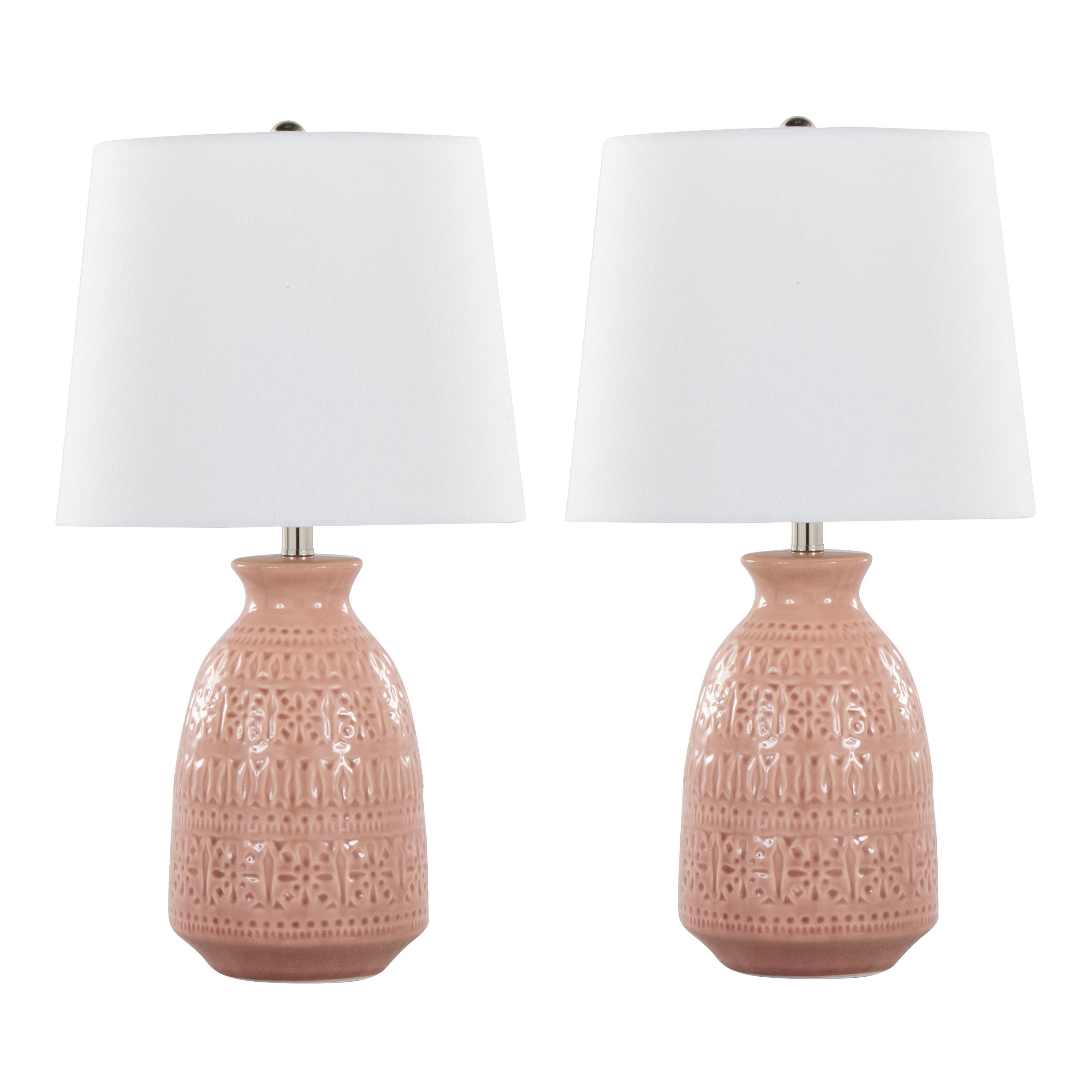 Claudia 20' Contemporary Ceramic Accent Lamp in Rose Tan Ceramic, Polished Nickel Accents and White Linen Shade from Grandview Gallery by LumiSource - Set of 2