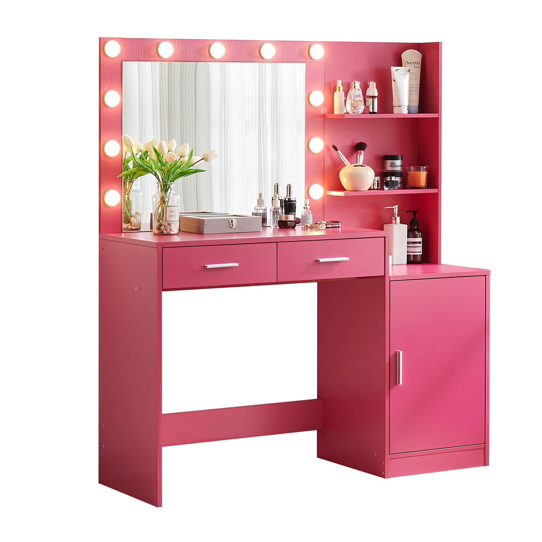 Rose Pink Vanity Desk with Mirror and Lights, Eco-Friendly Particle Board, 46.4IN Dressing Table with 2 Large Drawers