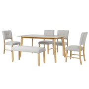 6PCs Dining Room Table Set, Rustic Farmhouse Dining Room Rectangular Table with 4 Upholstered Chairs and Bench, Solid Wood Kitchen Dining Table Set for 6 Persons
