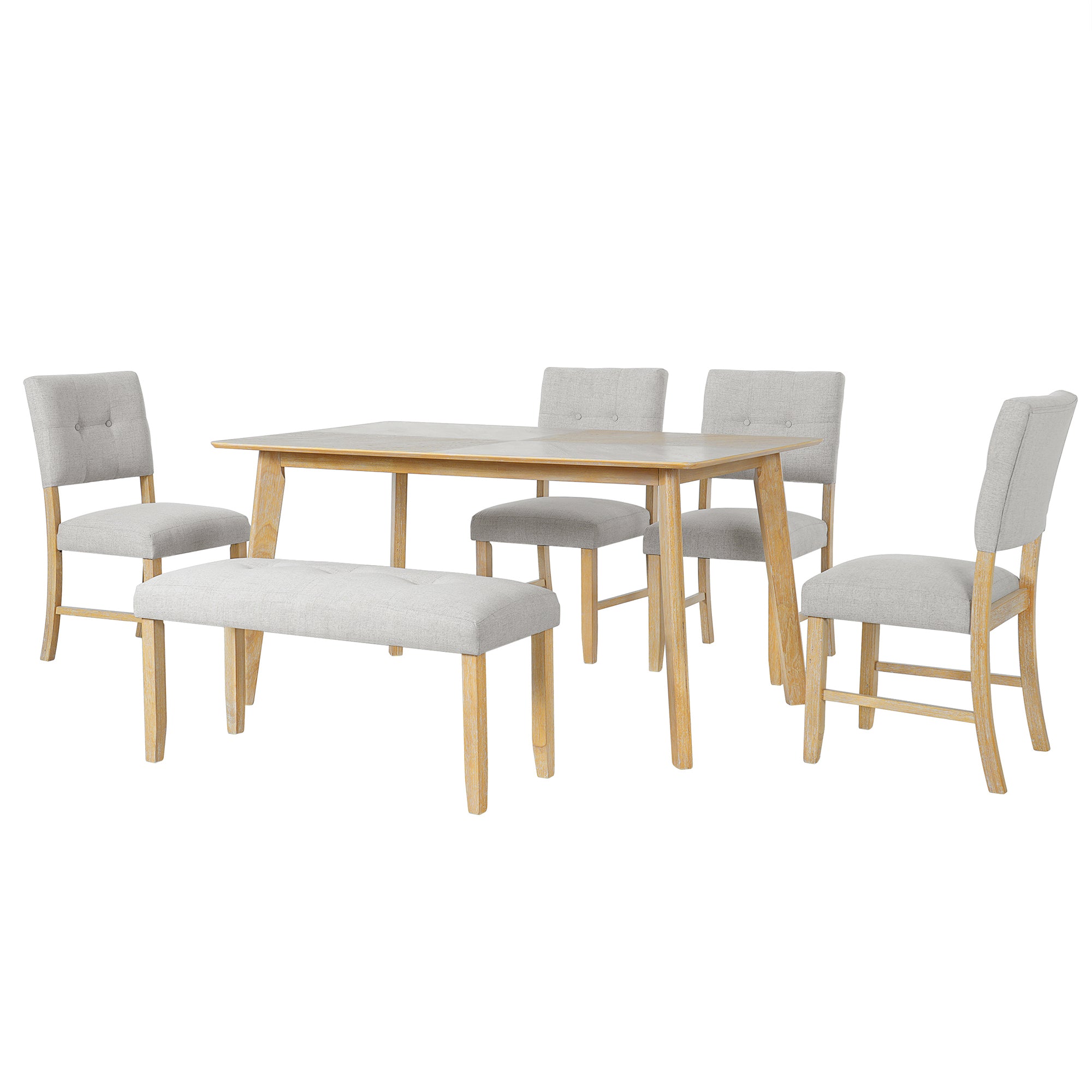 6PCs Dining Room Table Set, Rustic Farmhouse Dining Room Rectangular Table with 4 Upholstered Chairs and Bench, Solid Wood Kitchen Dining Table Set for 6 Persons