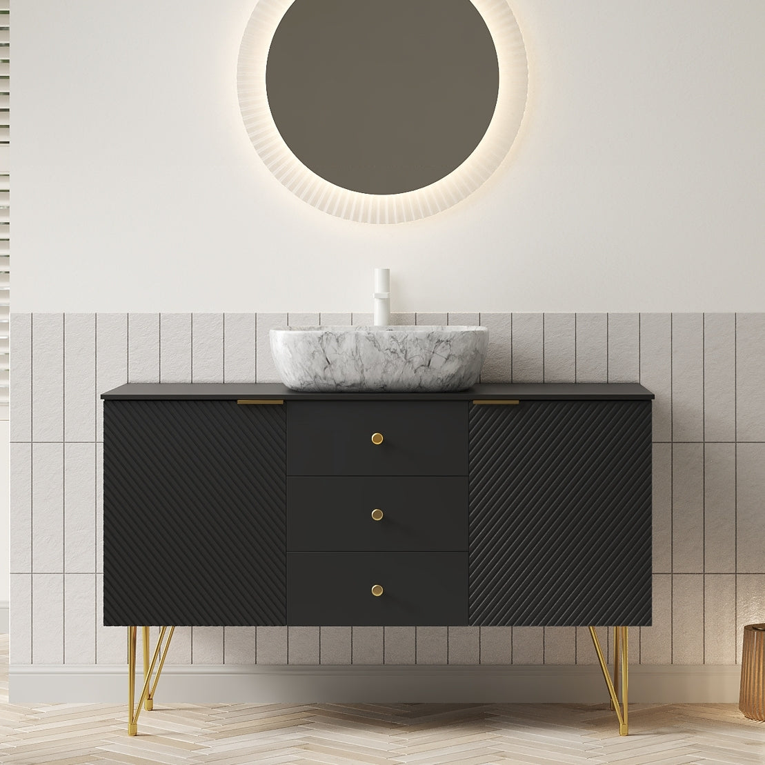 GEMA 48' Bathroom Vanity with Sink, Freestanding Plywood Storage Cabinet with Gold Legs, 3 Drawers and 2 Doors, White Marble Pattern Ceramic Vessel Basin & Sintered Stone Top, Pre-assembled, Black
