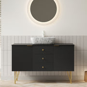 GEMA 48' Bathroom Vanity with Sink, Freestanding Plywood Storage Cabinet with Gold Legs, 3 Drawers and 2 Doors, White Marble Pattern Ceramic Vessel Basin & Sintered Stone Top, Pre-assembled, Black